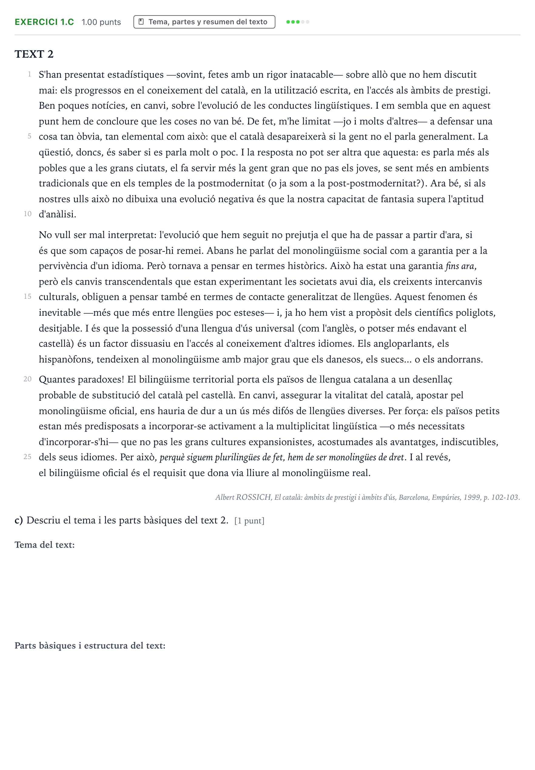 Enunciado: Ejercicio 1.c · Lengua Valenciana y Literatura II PAU Valencia Extraordinaria 2022