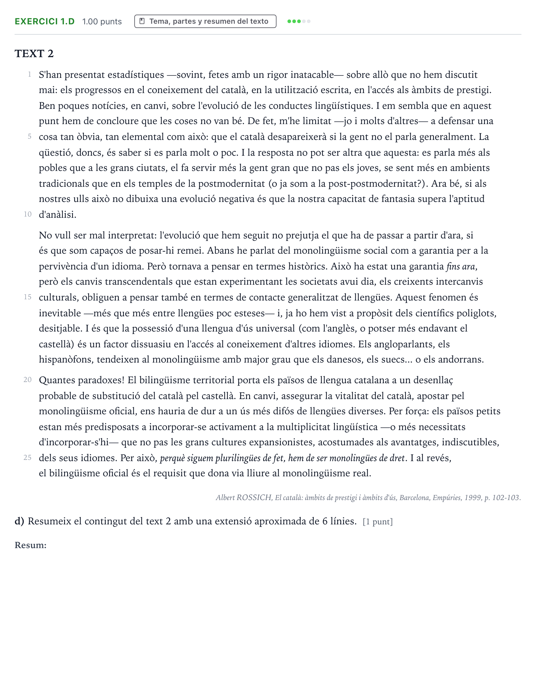 Enunciado: Ejercicio 1.d · Lengua Valenciana y Literatura II PAU Valencia Extraordinaria 2022