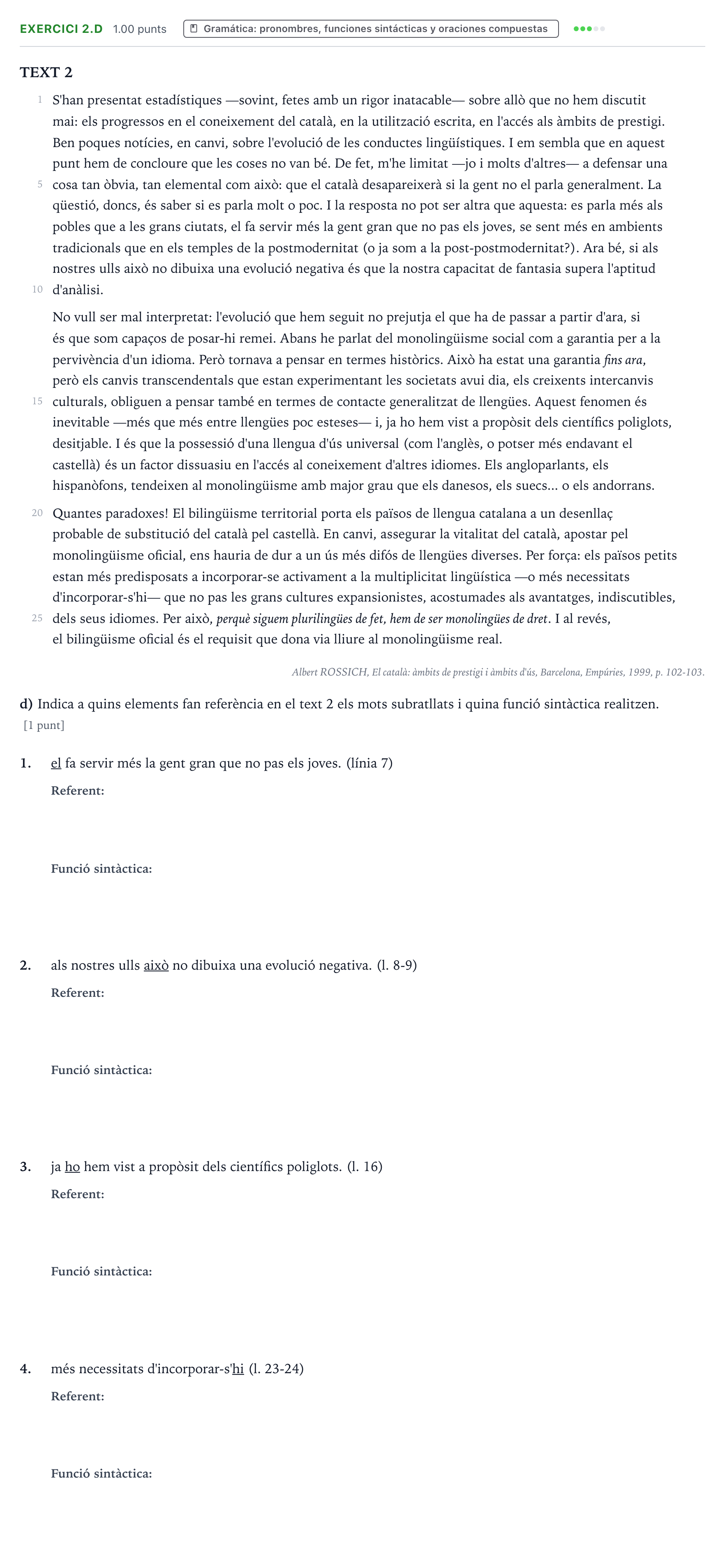 Enunciado: Ejercicio 2.d · Lengua Valenciana y Literatura II PAU Valencia Extraordinaria 2022