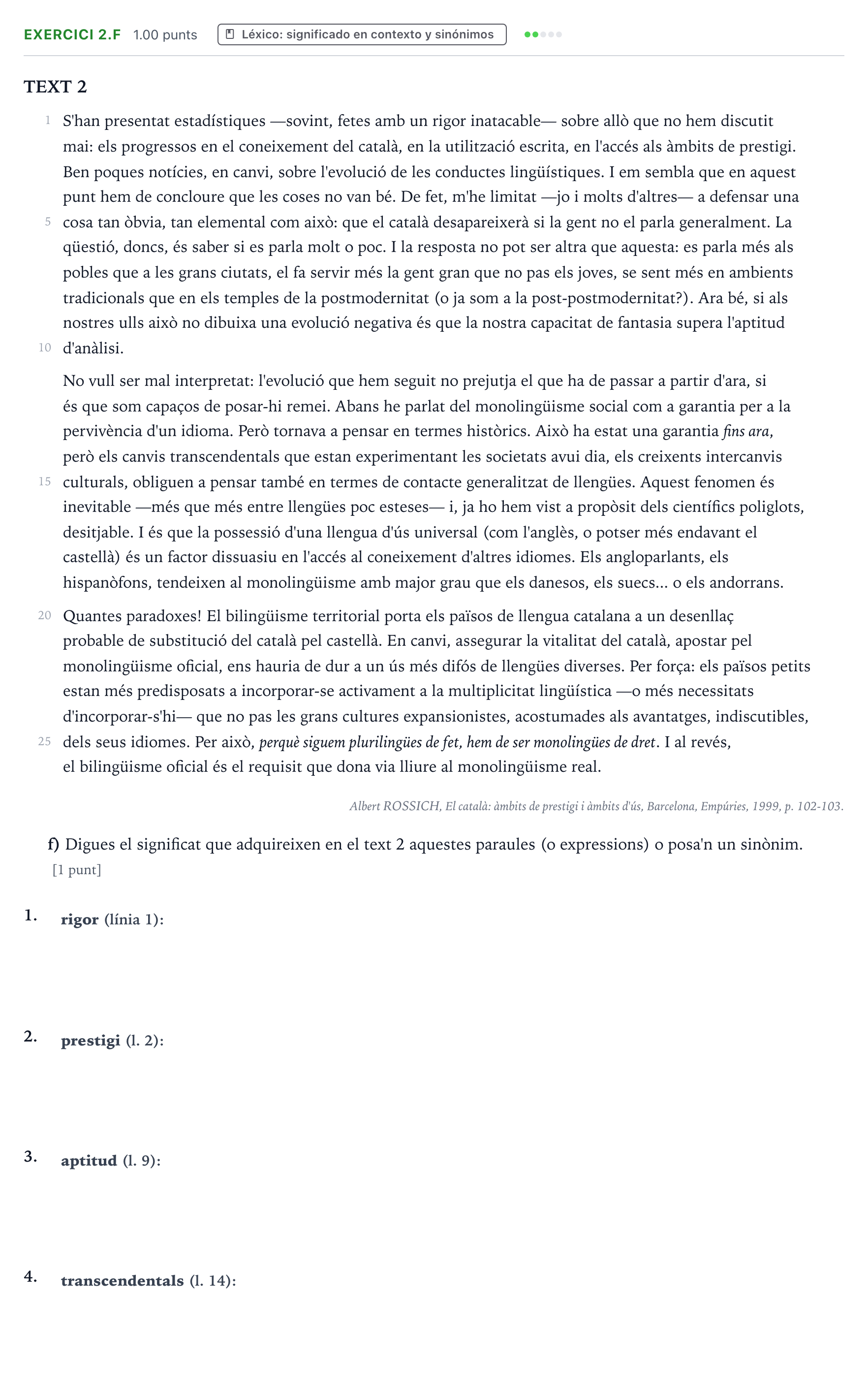 Enunciado: Ejercicio 2.f · Lengua Valenciana y Literatura II PAU Valencia Extraordinaria 2022