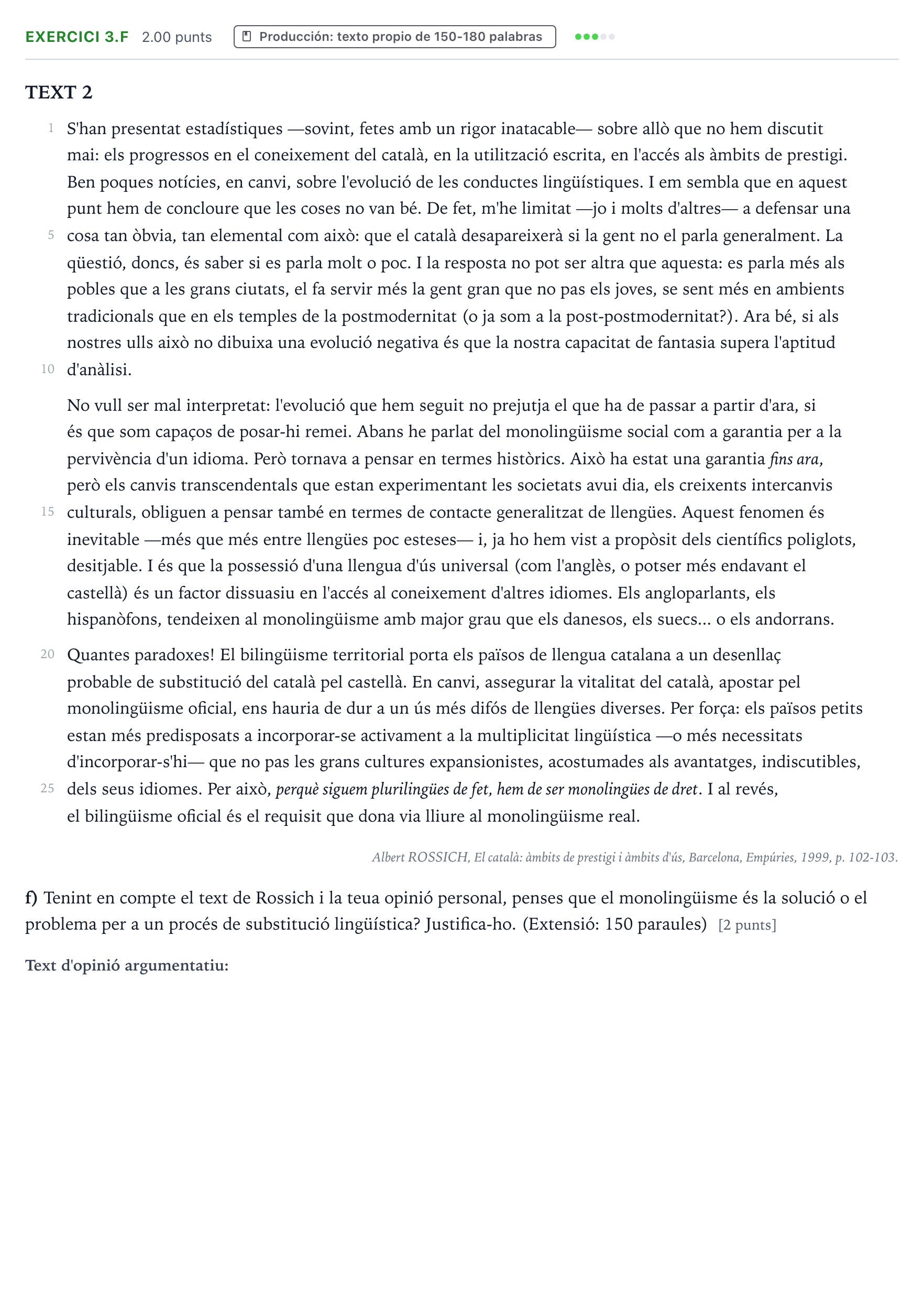 Enunciado: Ejercicio 3.f · Lengua Valenciana y Literatura II PAU Valencia Extraordinaria 2022