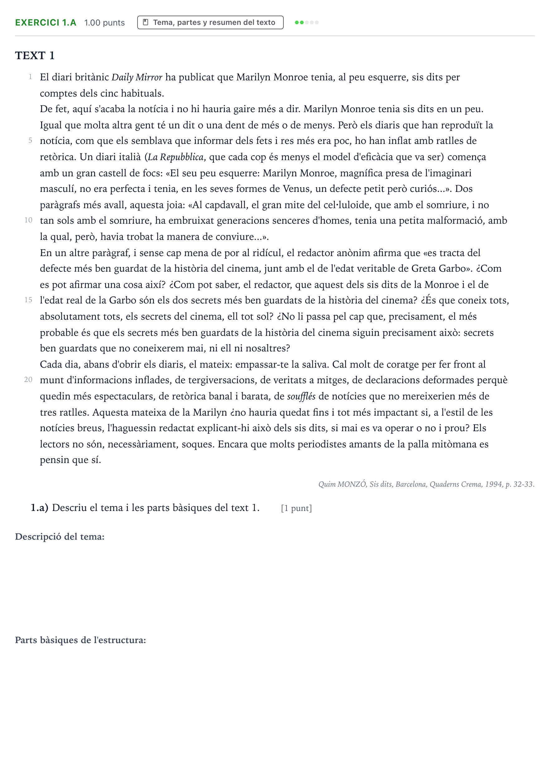 Enunciado: Ejercicio 1.a · Lengua Valenciana y Literatura II PAU Valencia Ordinaria 2022