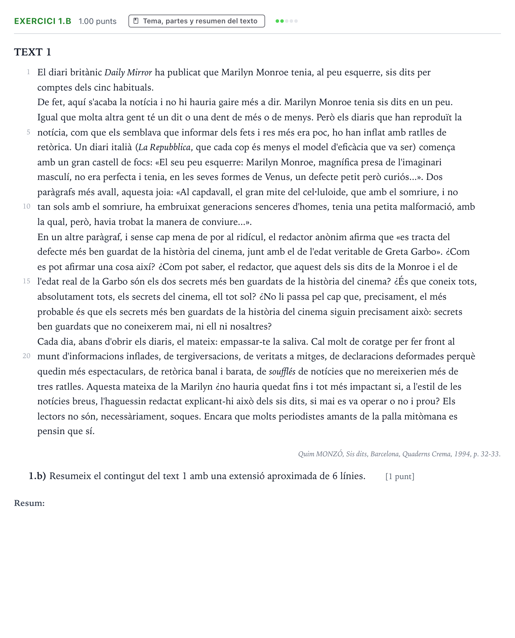Enunciado: Ejercicio 1.b · Lengua Valenciana y Literatura II PAU Valencia Ordinaria 2022