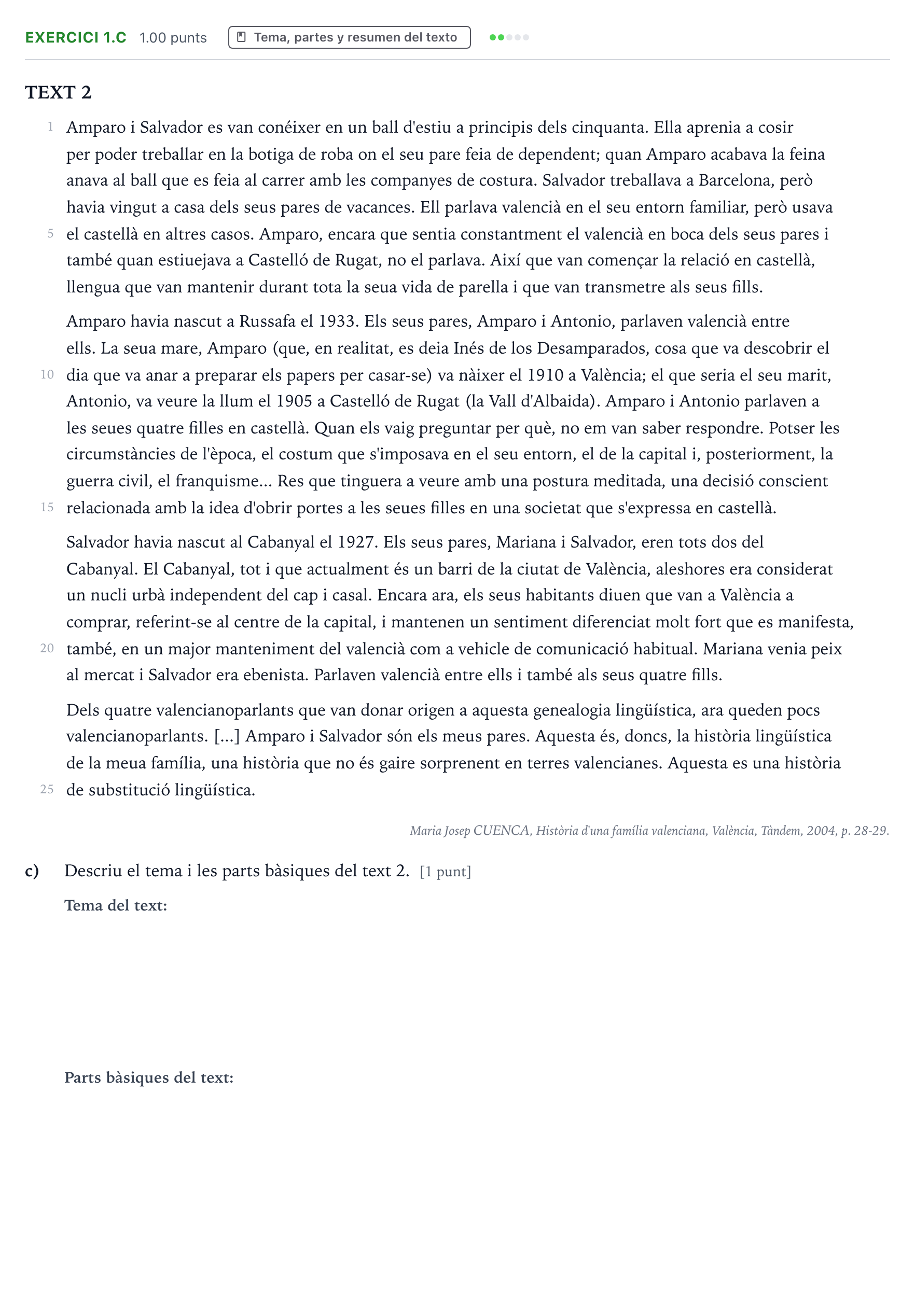 Enunciado: Ejercicio 1.c · Lengua Valenciana y Literatura II PAU Valencia Ordinaria 2022