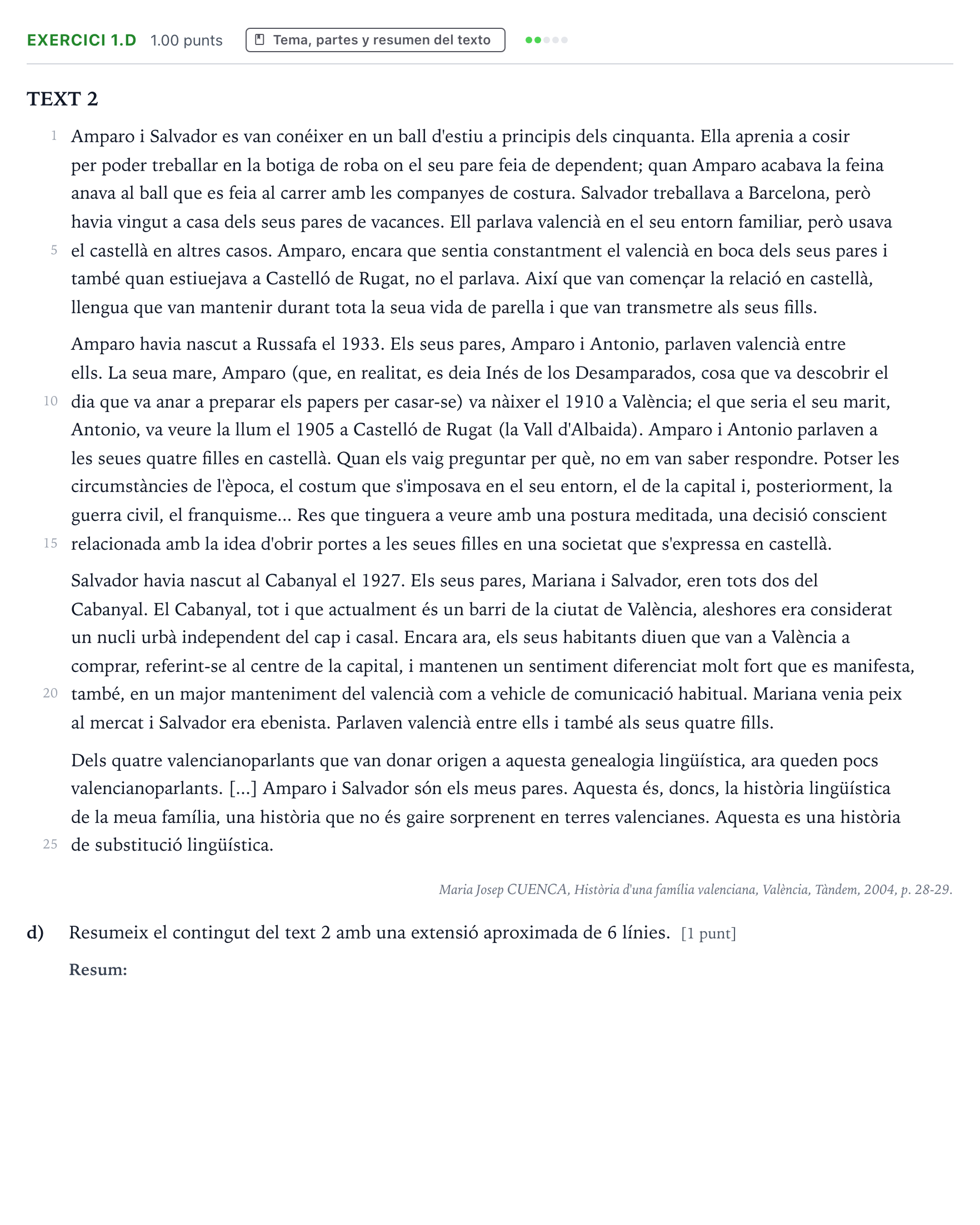Enunciado: Ejercicio 1.d · Lengua Valenciana y Literatura II PAU Valencia Ordinaria 2022