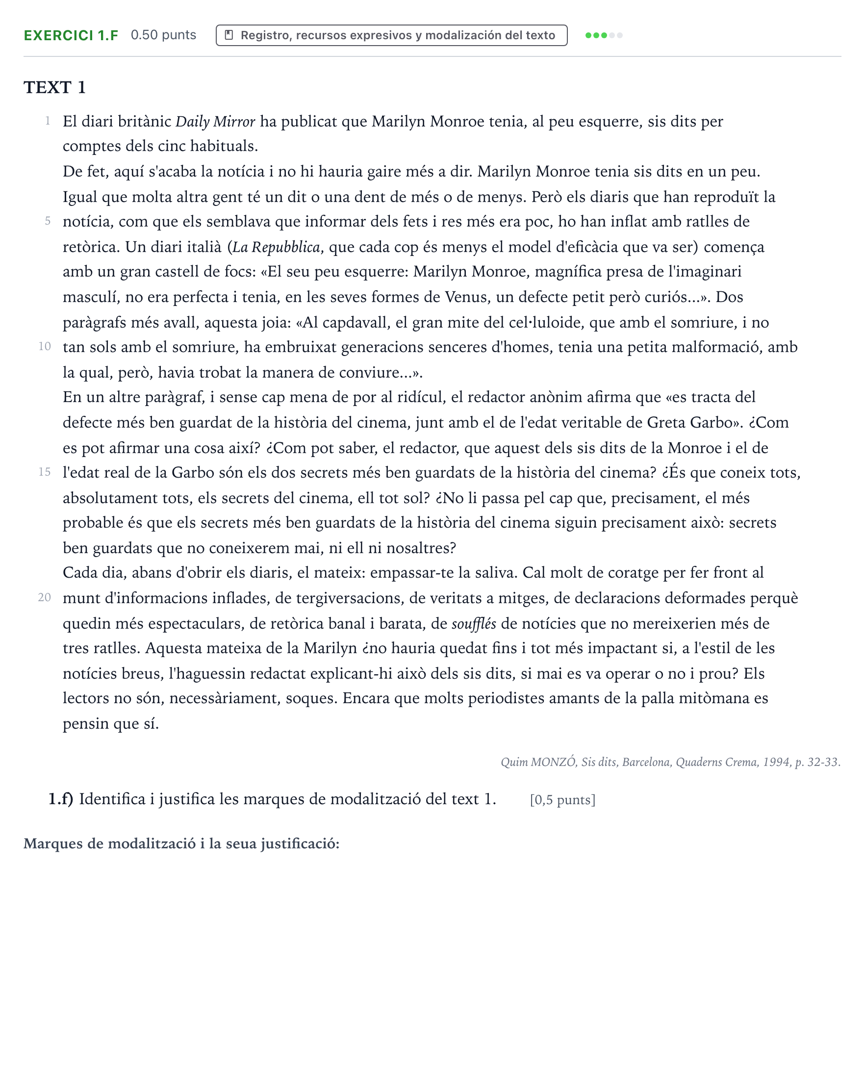 Enunciado: Ejercicio 1.f · Lengua Valenciana y Literatura II PAU Valencia Ordinaria 2022