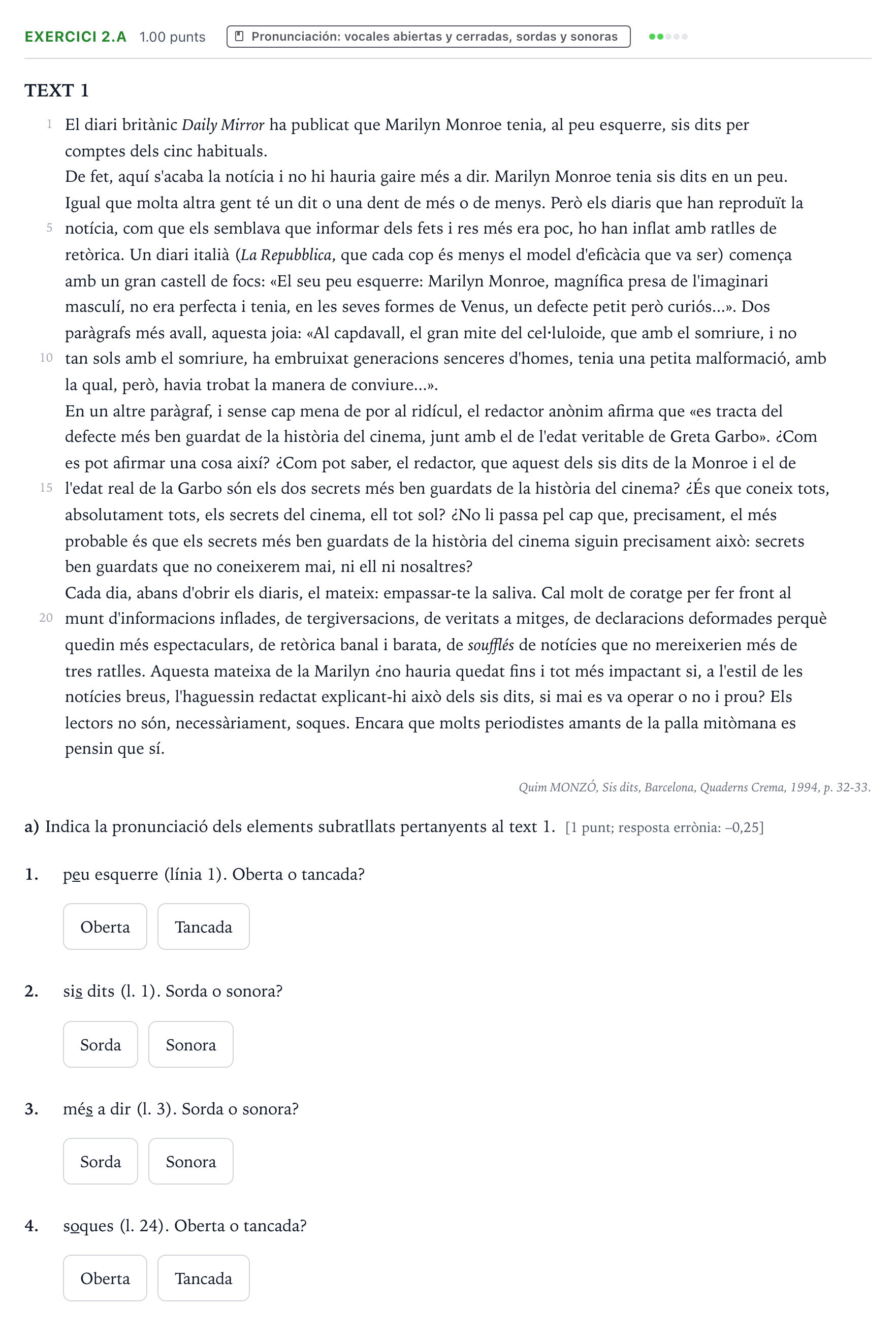 Enunciado: Ejercicio 2.a · Lengua Valenciana y Literatura II PAU Valencia Ordinaria 2022