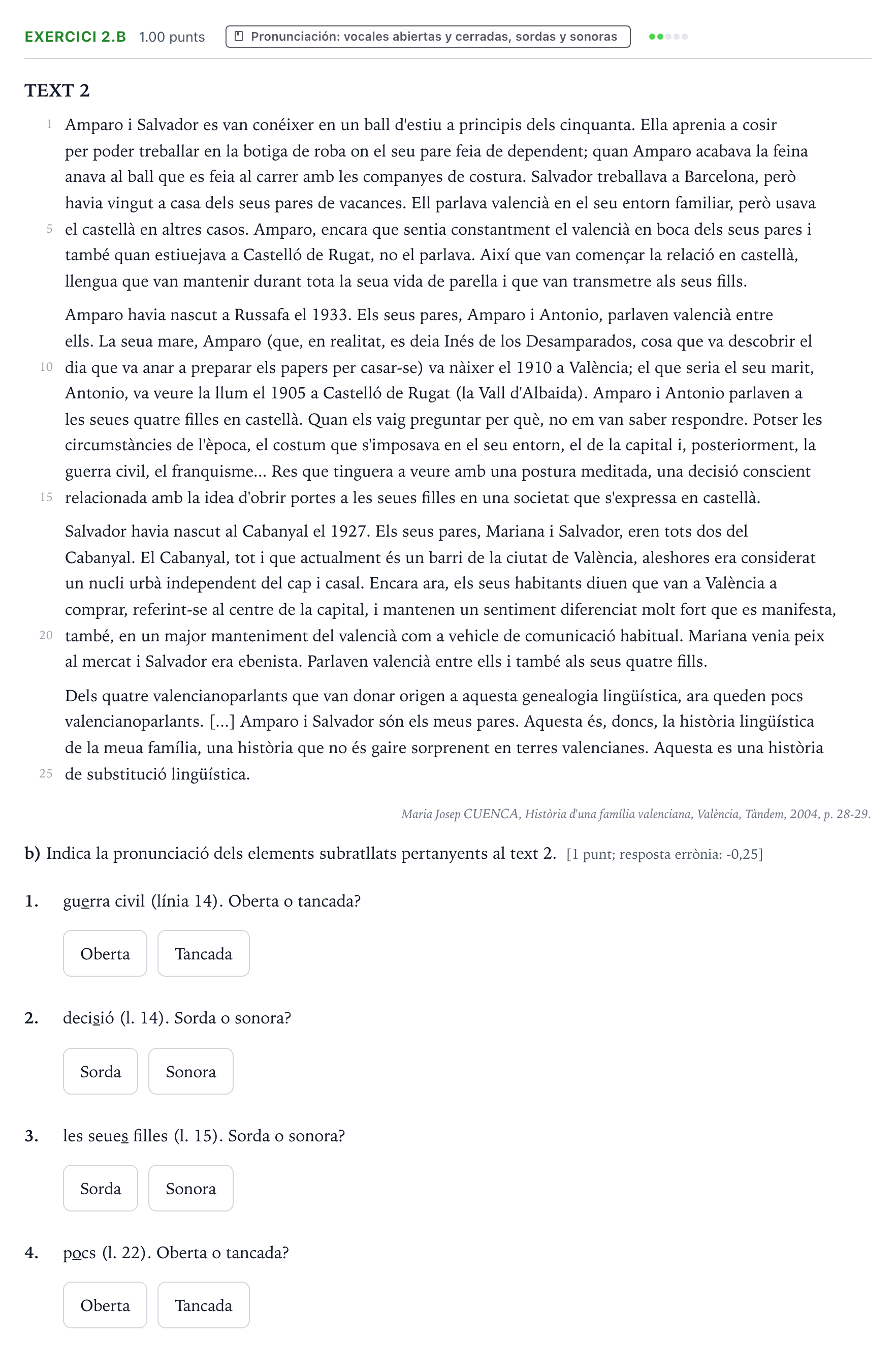 Enunciado: Ejercicio 2.b · Lengua Valenciana y Literatura II PAU Valencia Ordinaria 2022