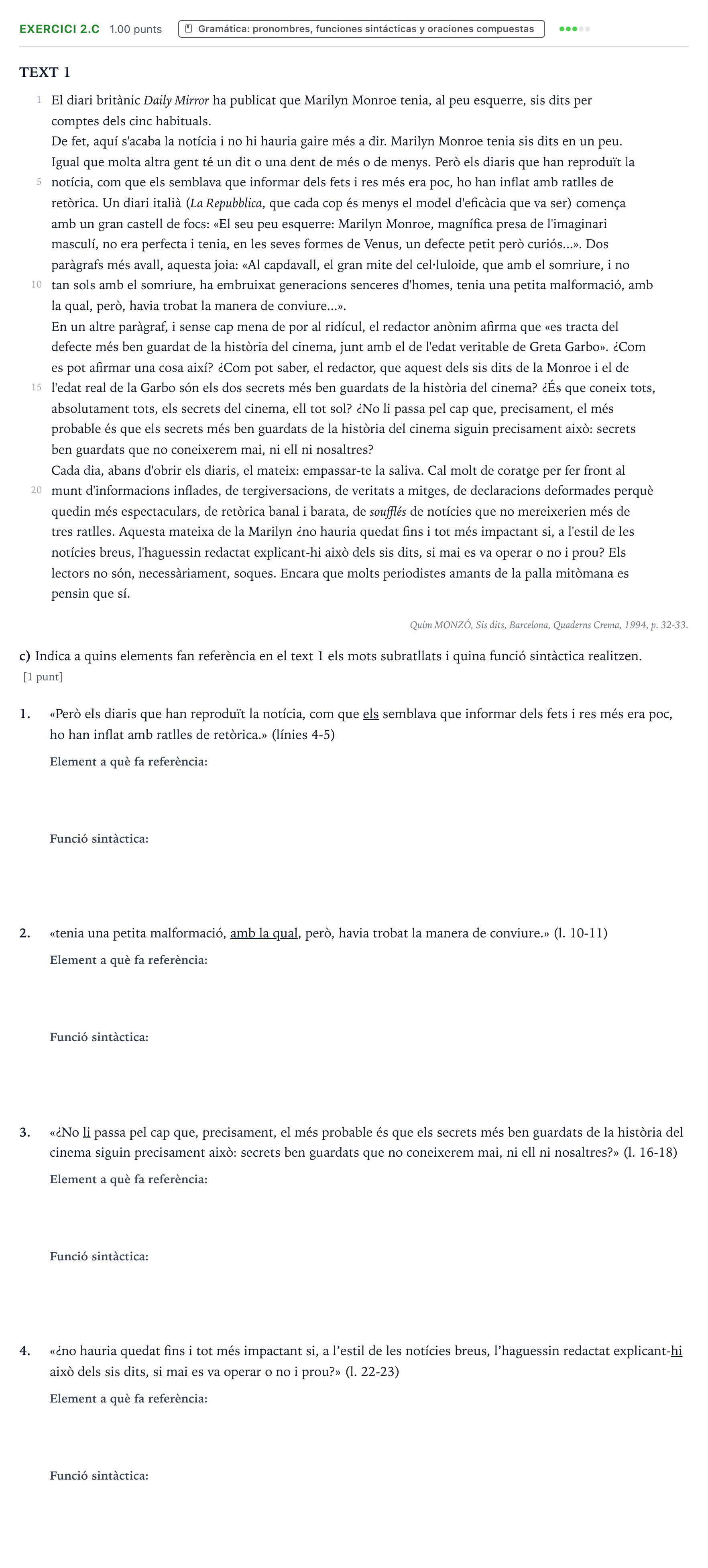 Enunciado: Ejercicio 2.c · Lengua Valenciana y Literatura II PAU Valencia Ordinaria 2022