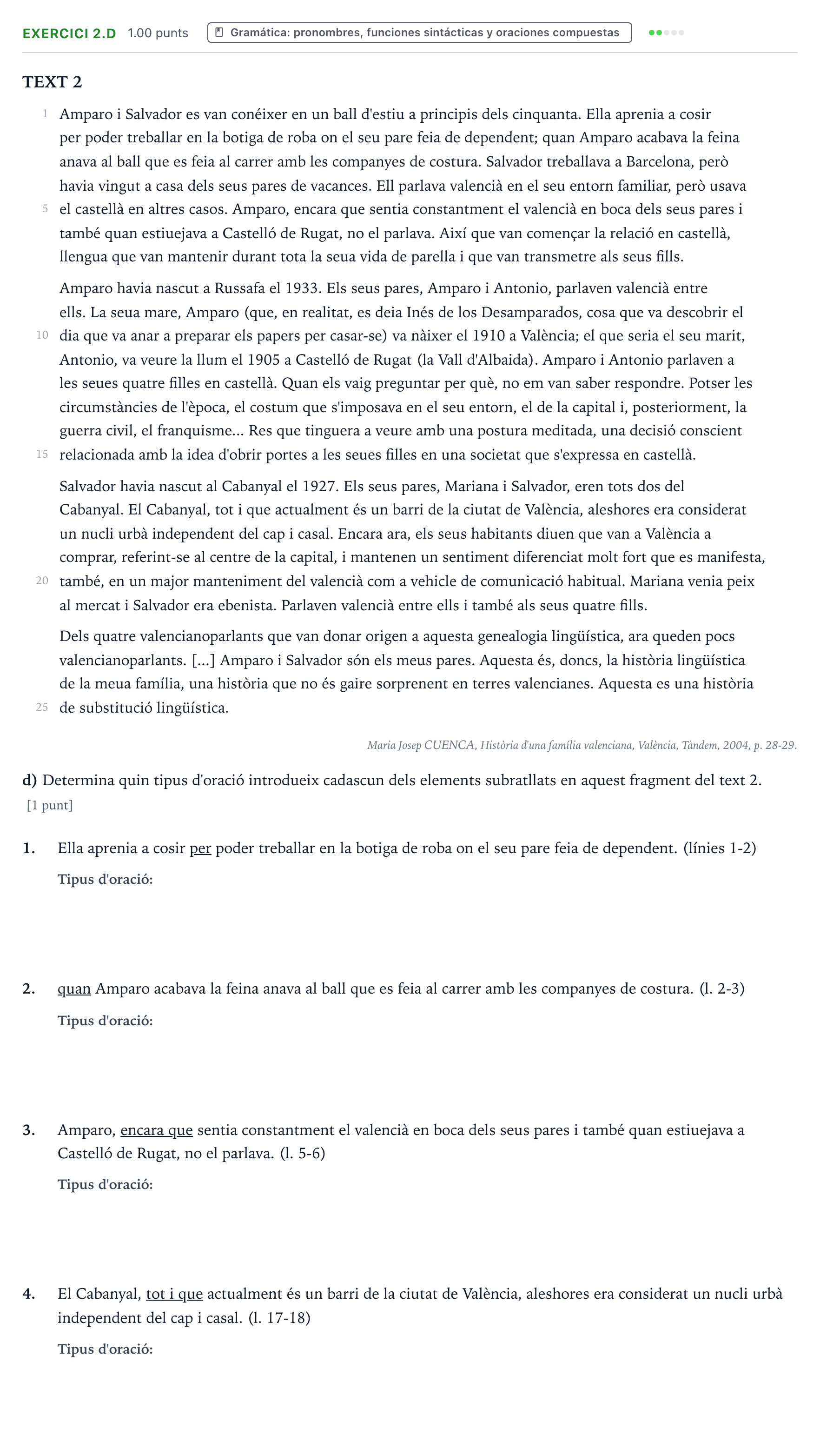 Enunciado: Ejercicio 2.d · Lengua Valenciana y Literatura II PAU Valencia Ordinaria 2022