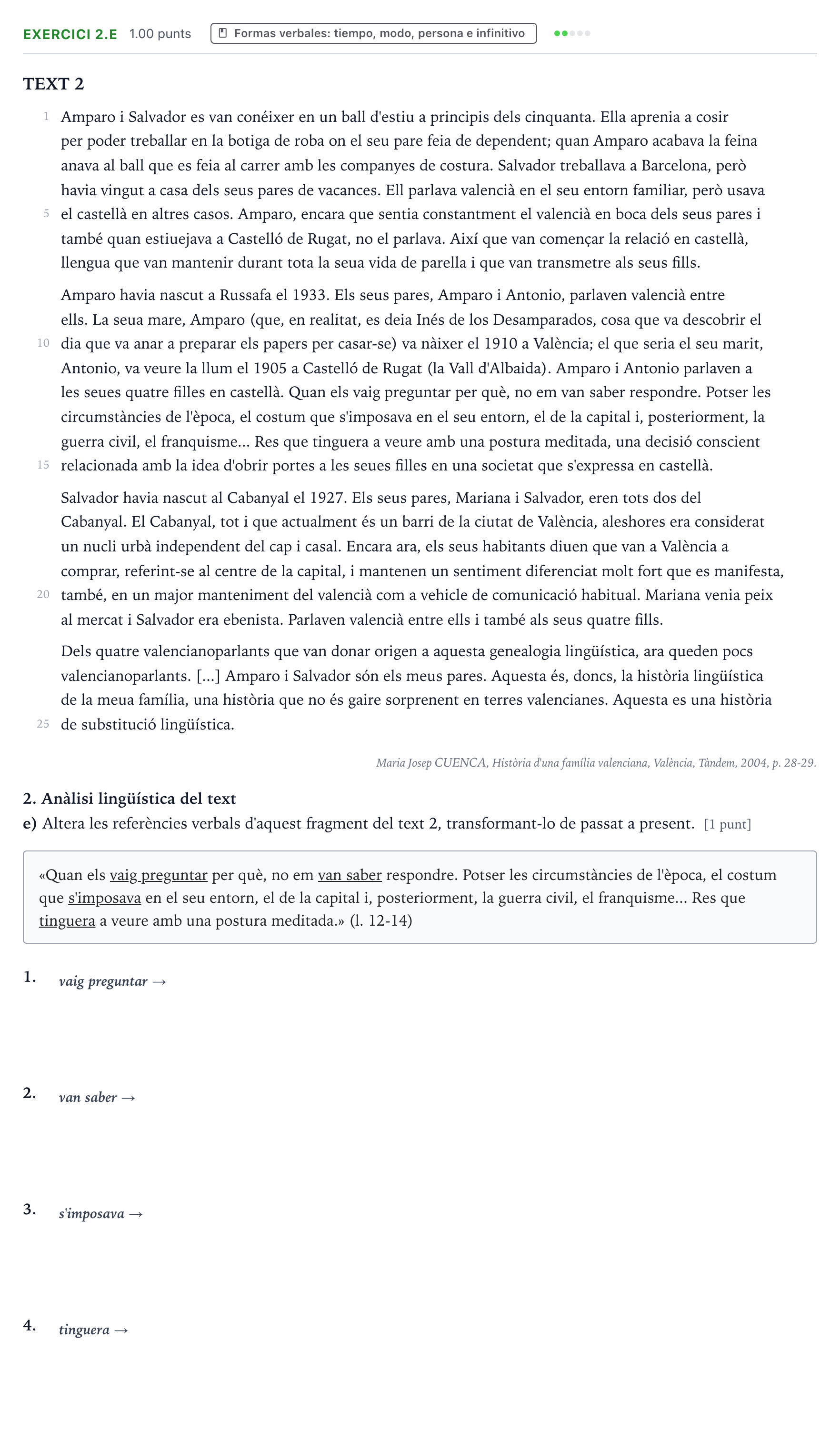 Enunciado: Ejercicio 2.e · Lengua Valenciana y Literatura II PAU Valencia Ordinaria 2022