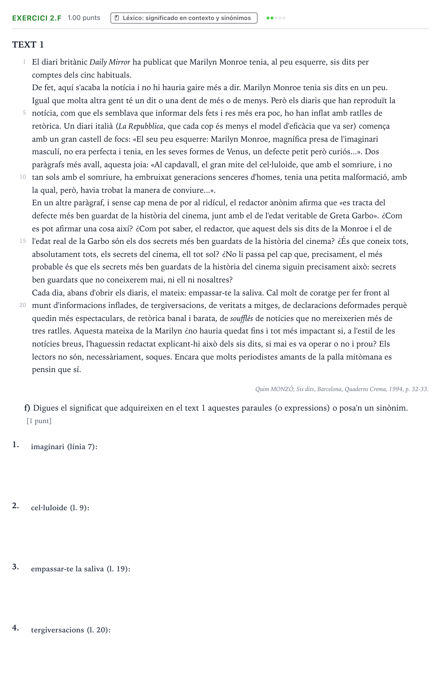 Enunciado: Ejercicio 2.f · Lengua Valenciana y Literatura II PAU Valencia Ordinaria 2022