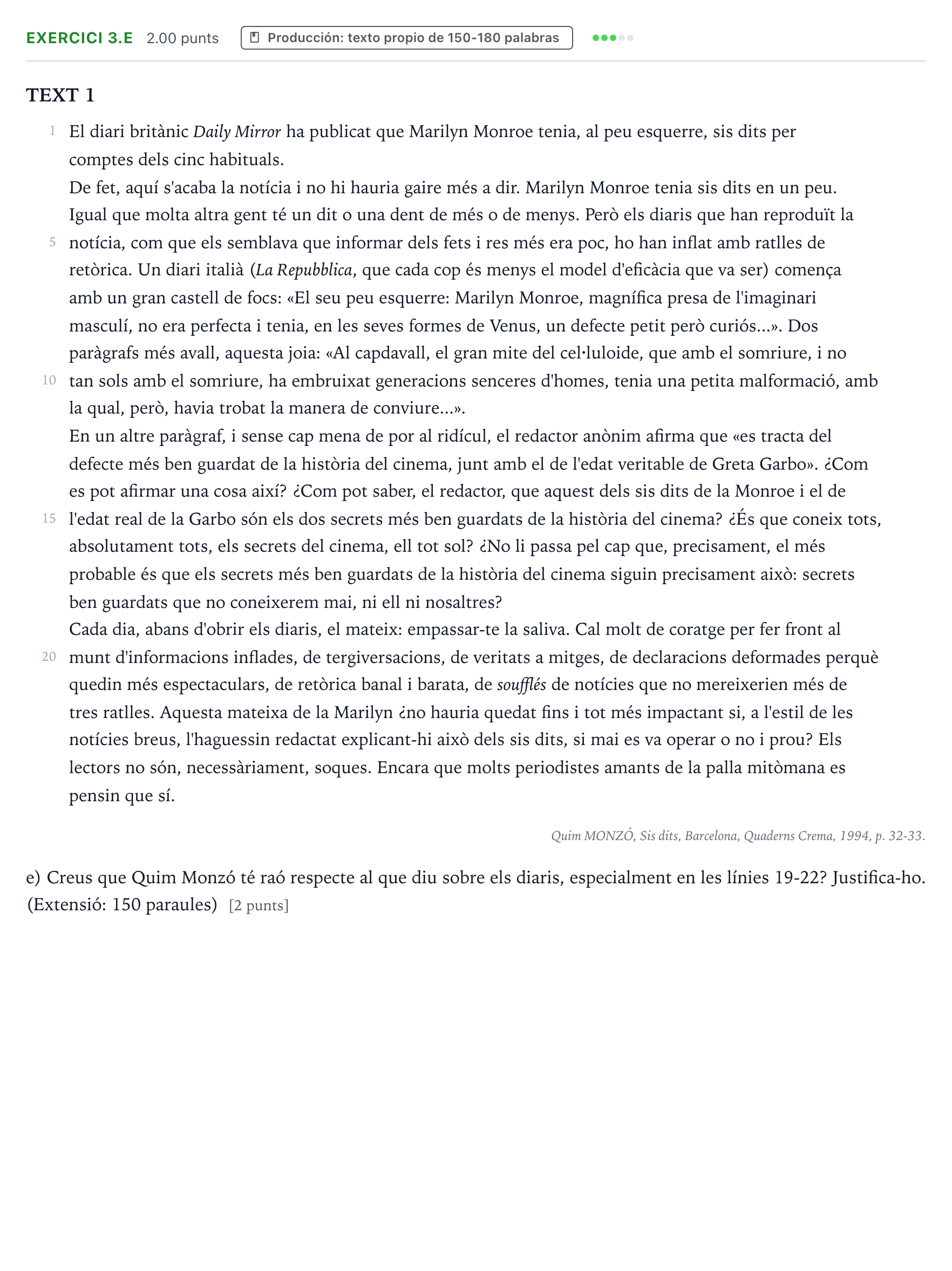 Enunciado: Ejercicio 3.e · Lengua Valenciana y Literatura II PAU Valencia Ordinaria 2022