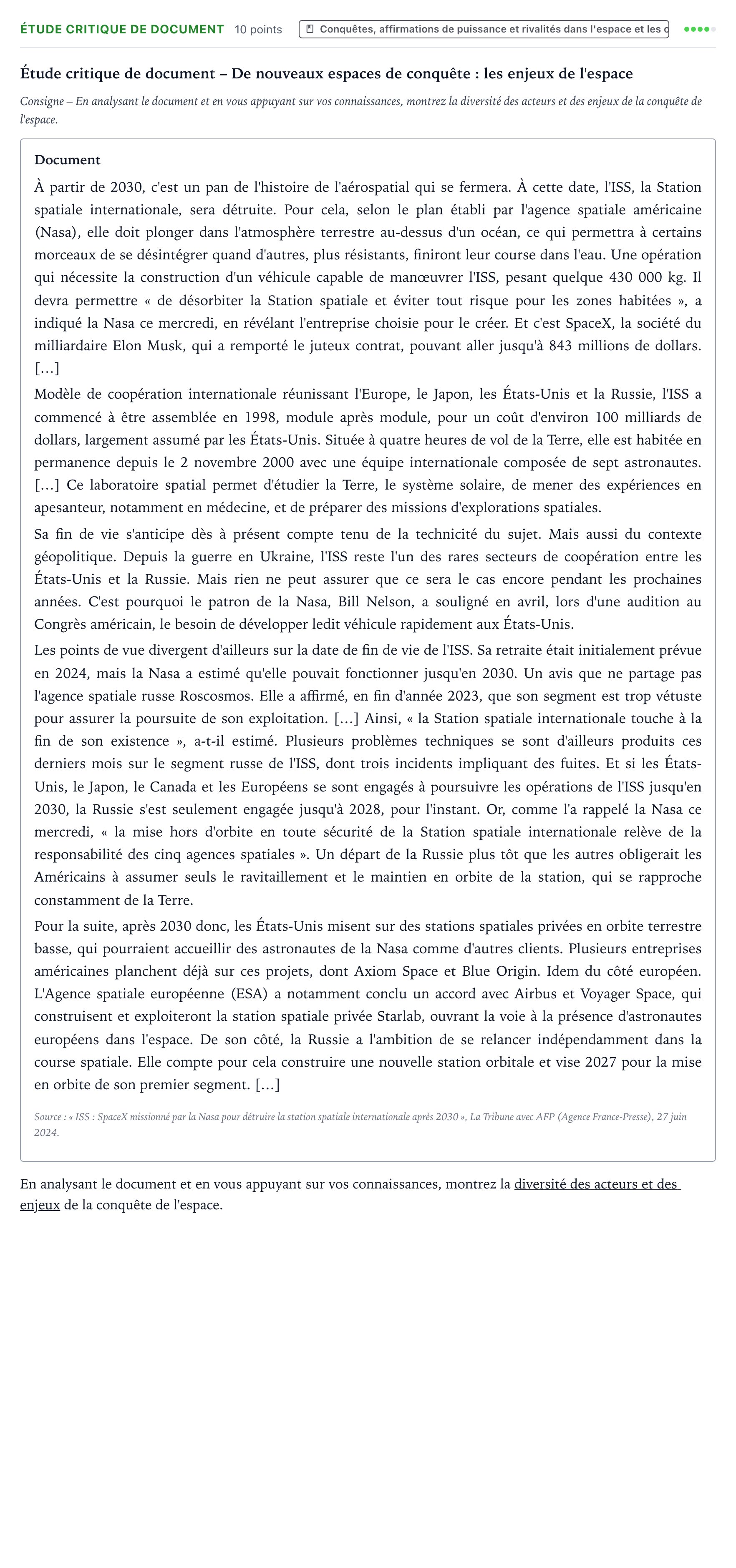 Énoncé: Exercice Étude critique de document · Bac Histoire-Géographie, Géopolitique et Sciences Politiques Amérique du Sud 2025 (jour 1)