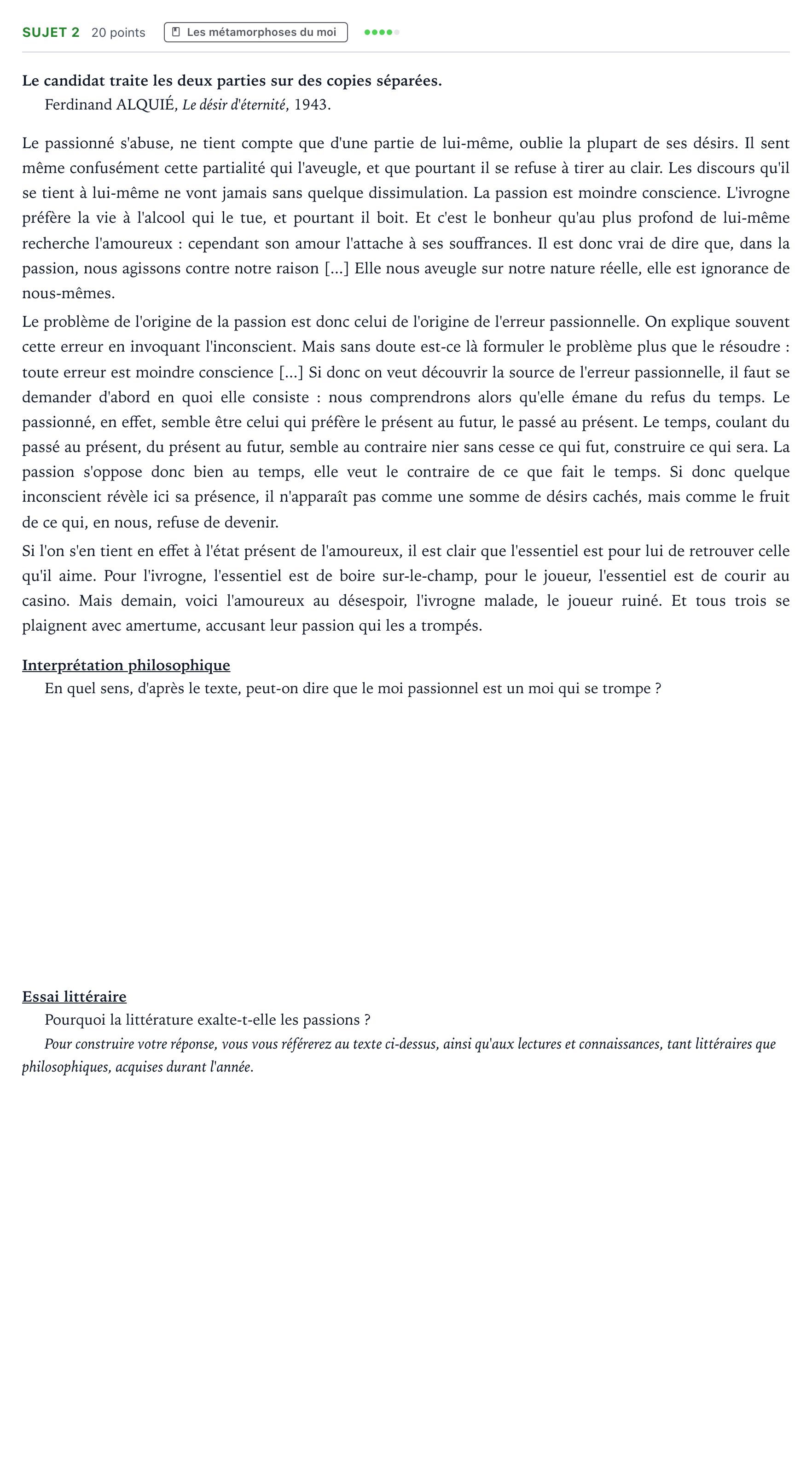 Énoncé: Sujet 2 · Bac Humanités, Littérature et Philosophie Polynésie jour 1 - Remplacement 2021