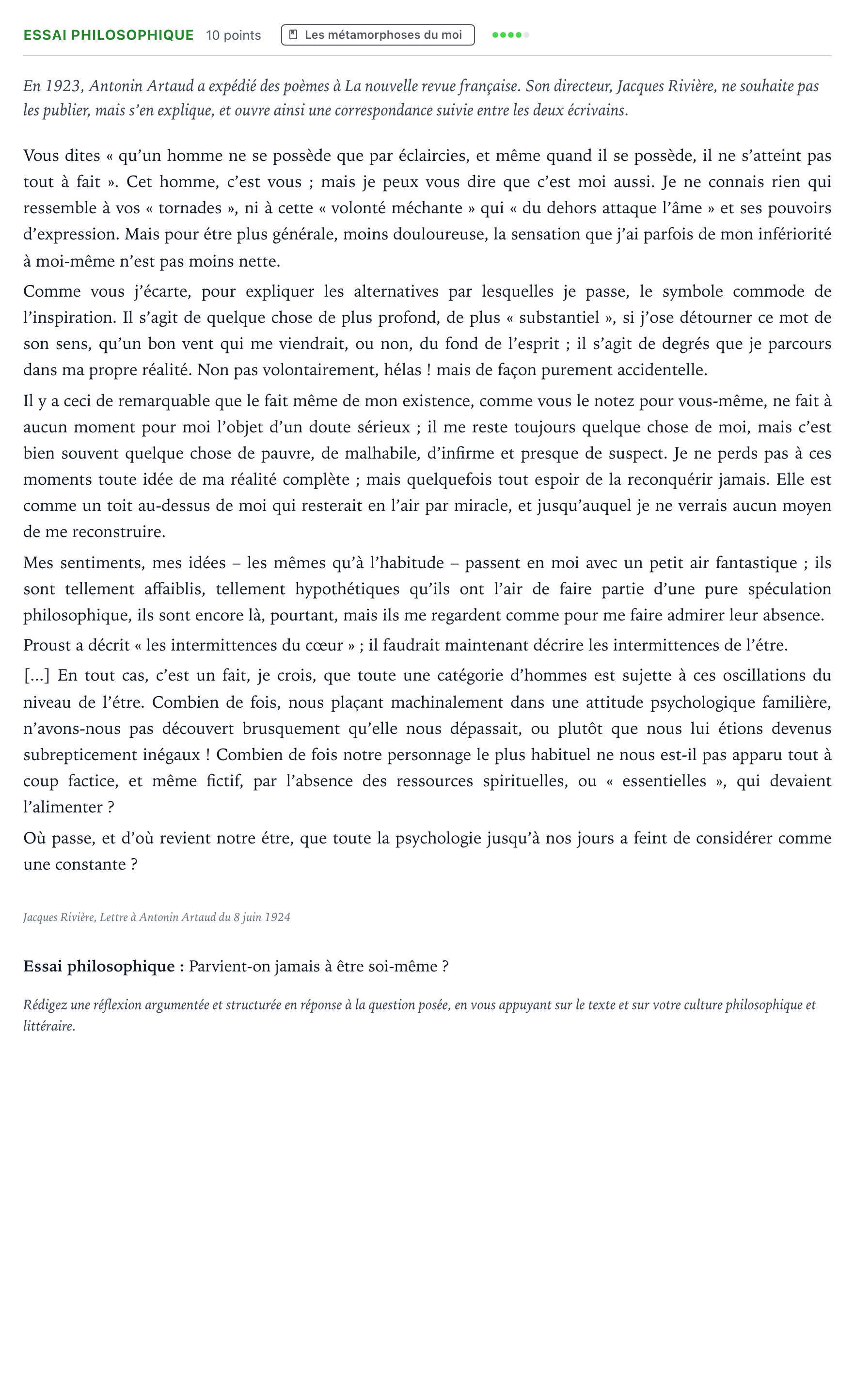 Énoncé: Exercice Essai philosophique · Bac Humanités, Littérature et Philosophie Sujets zéro et spécimens sujet 2021 (sujet 2)