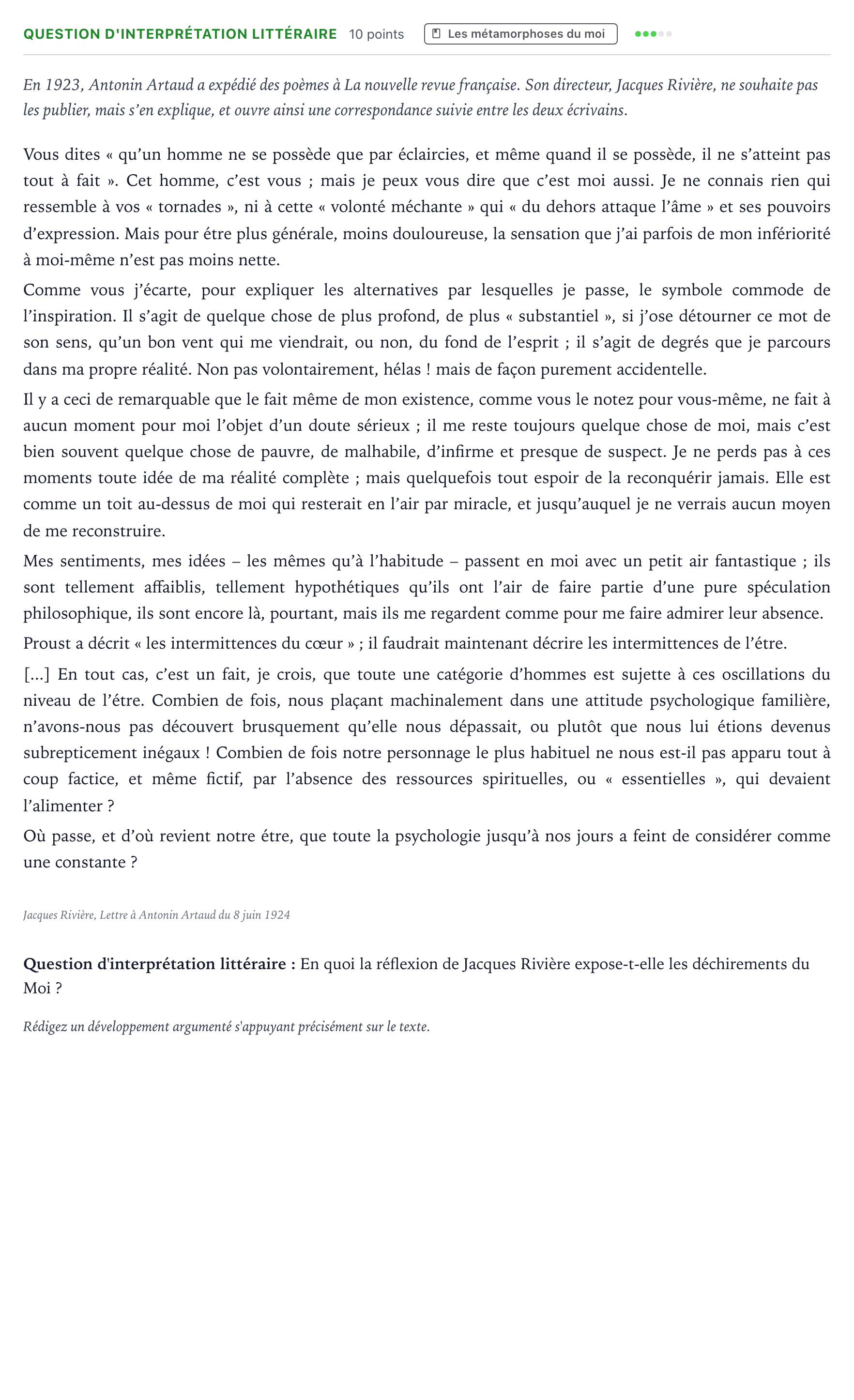 Énoncé: Question d'interprétation littéraire · Bac Humanités, Littérature et Philosophie Sujets zéro et spécimens sujet 2021 (sujet 2)