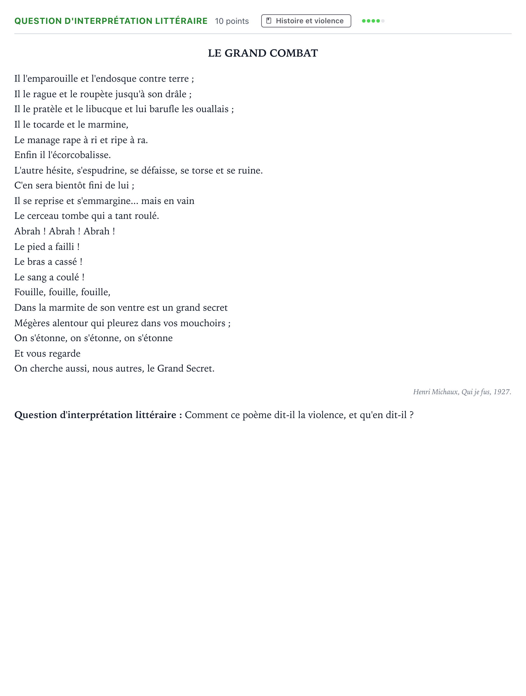 Énoncé: Question d'interprétation littéraire · Bac Humanités, Littérature et Philosophie Sujets zéro et spécimens sujet 2021 (sujet 3)