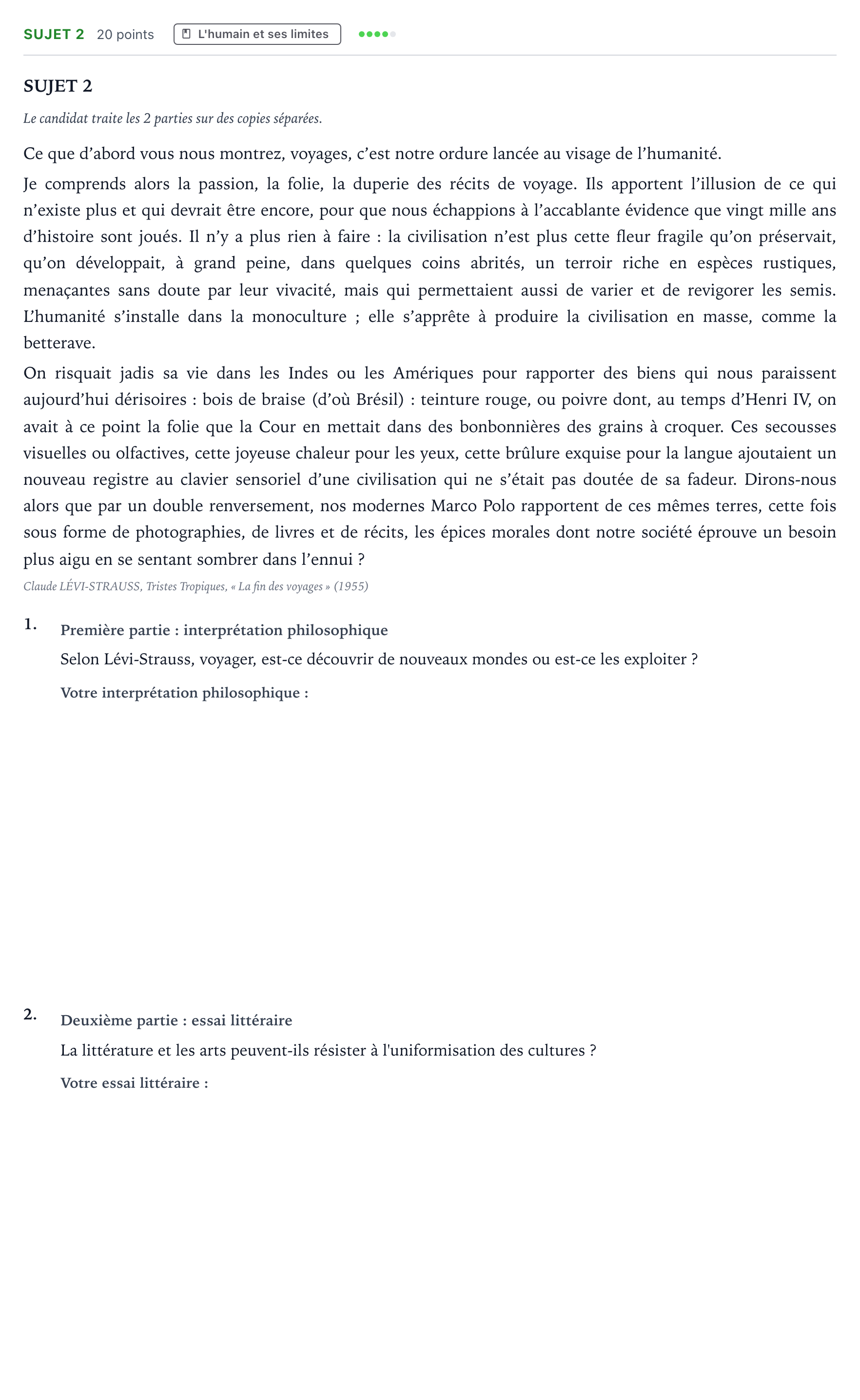 Énoncé: Sujet 2 · Bac Humanités, Littérature et Philosophie Mayotte-Liban 2022 (jour 1)