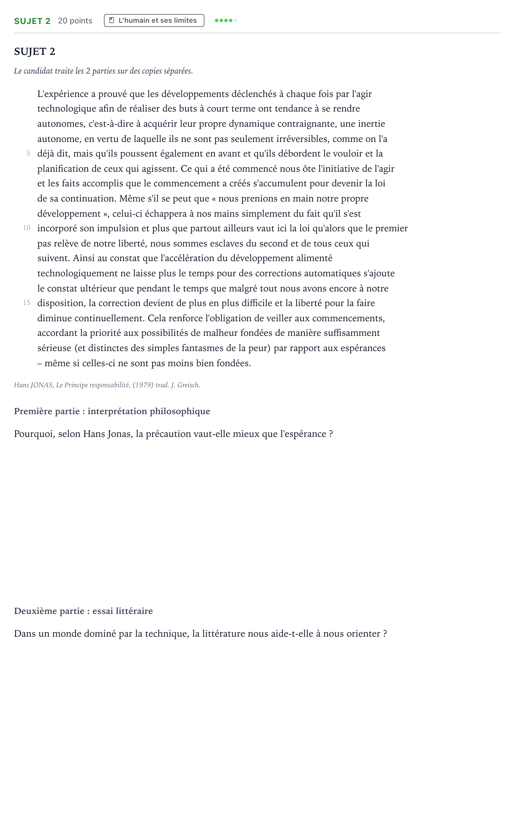 Énoncé: Sujet 2 · Bac Humanités, Littérature et Philosophie Mayotte-Liban 2022 (jour 2)
