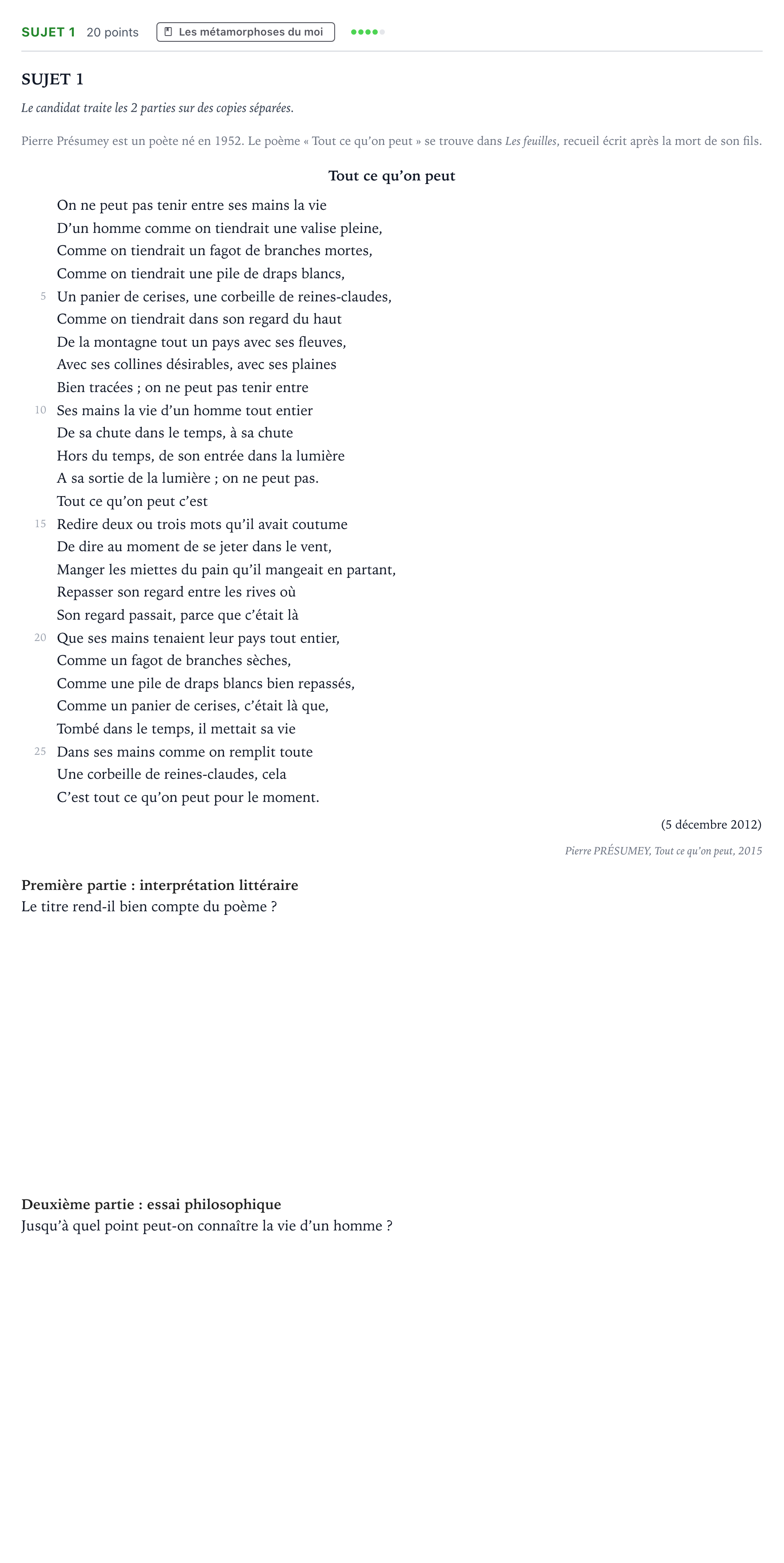 Énoncé: Sujet 1 · Bac Humanités, Littérature et Philosophie Nouvelle-Calédonie 2022 (jour 2)