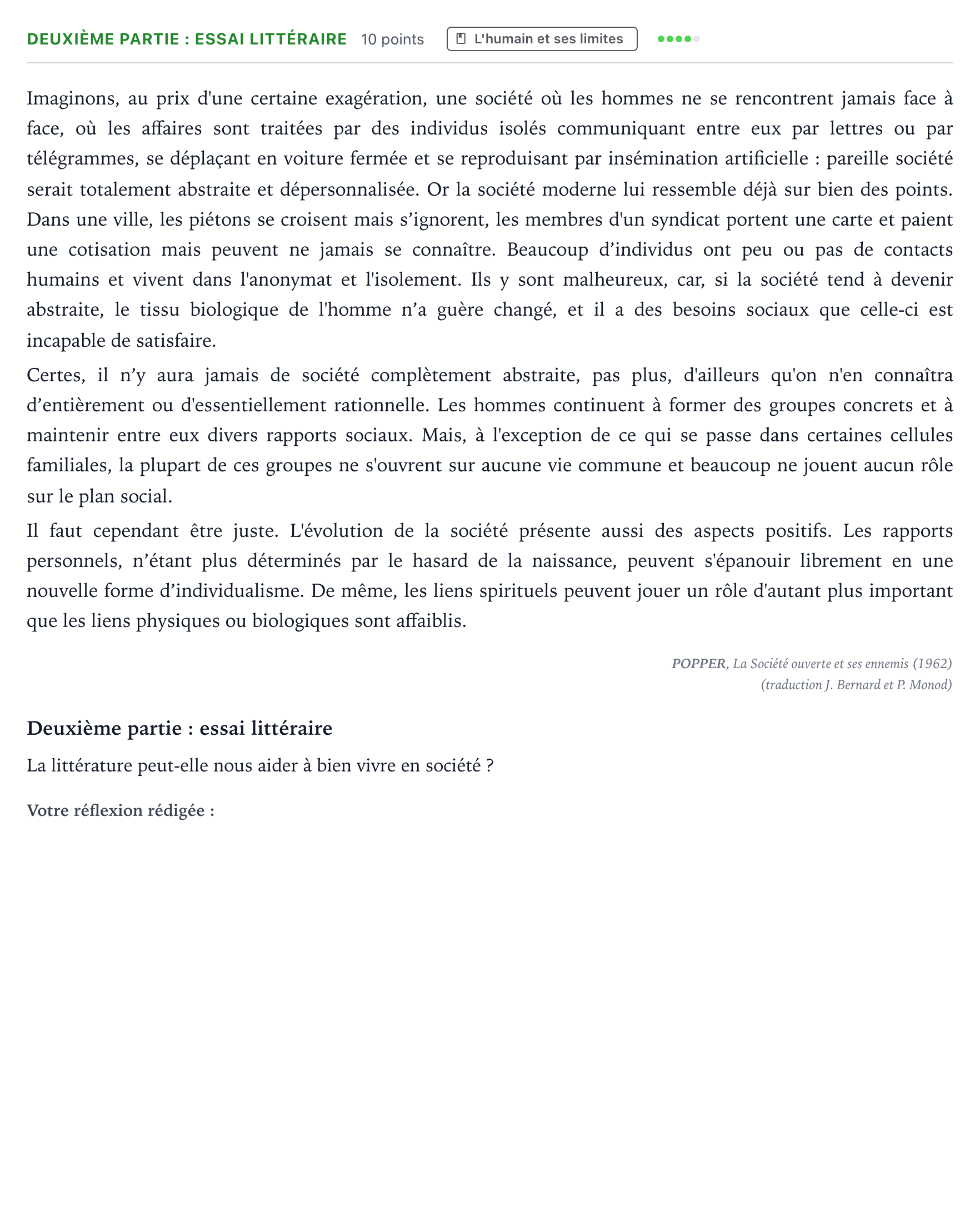 Énoncé: Exercice Deuxième partie : essai littéraire · Bac Humanités, Littérature et Philosophie Amérique du Nord 2023 (jour 1)