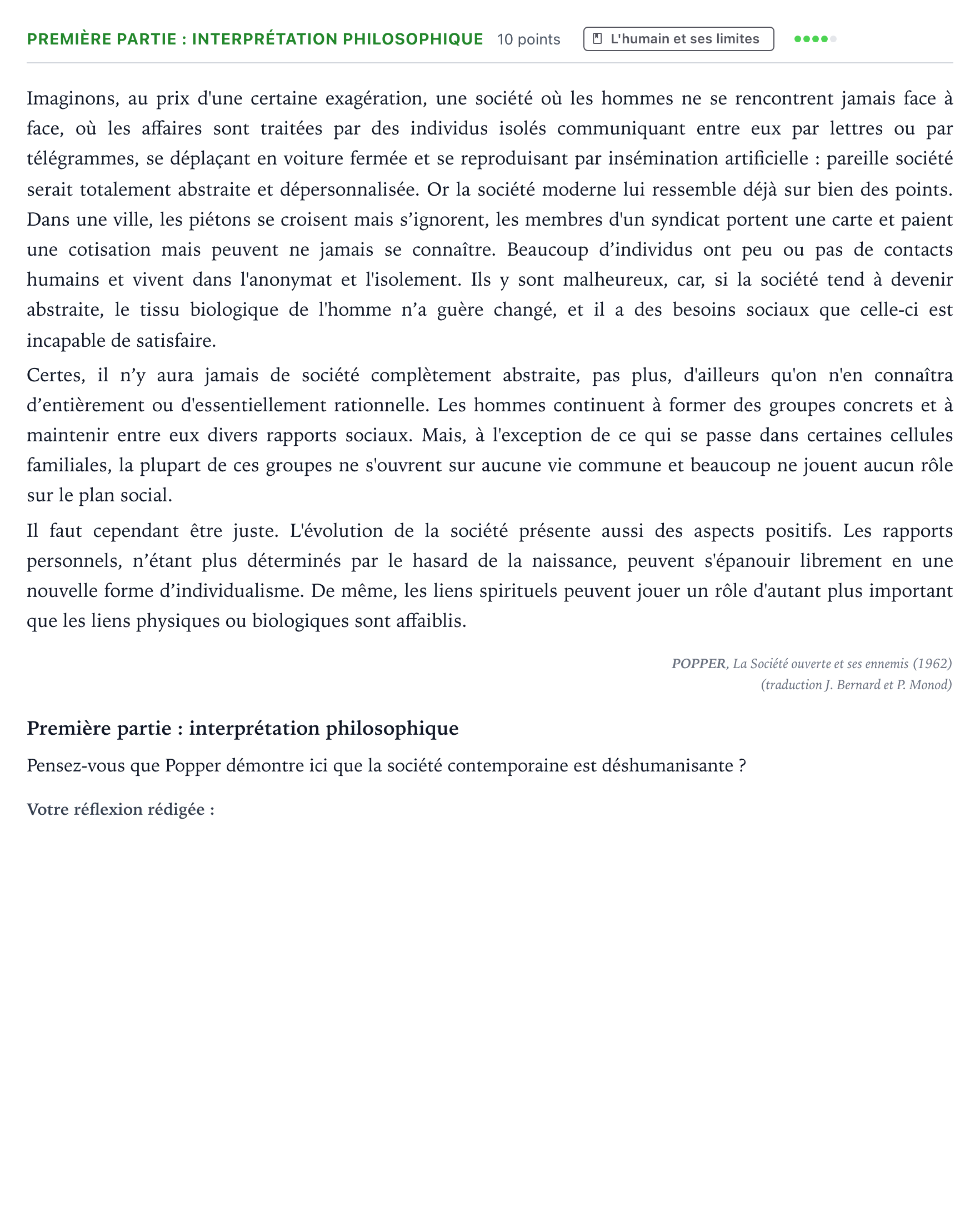 Énoncé: Exercice Première partie : interprétation philosophique · Bac Humanités, Littérature et Philosophie Amérique du Nord 2023 (jour 1)