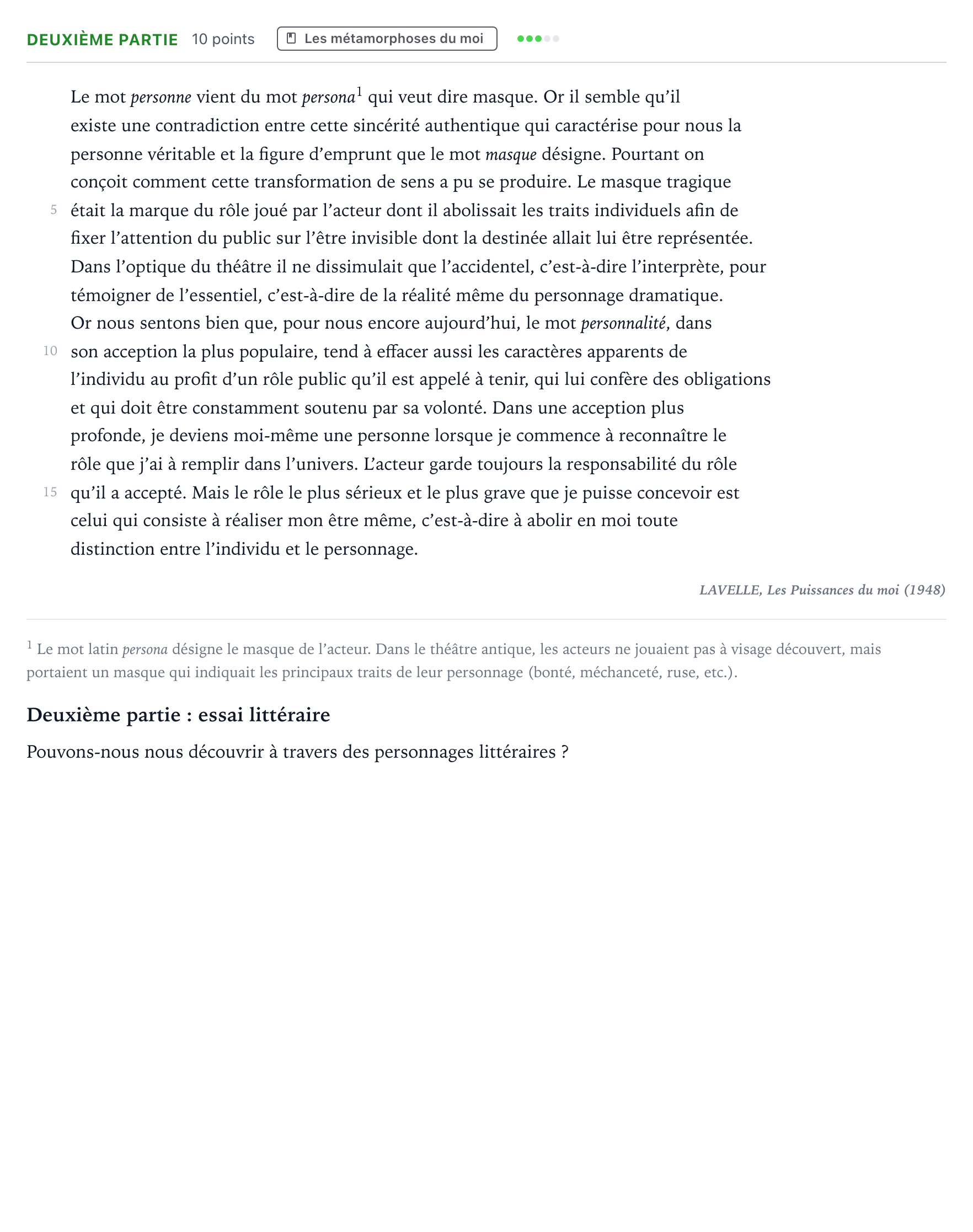Énoncé: Exercice Deuxième partie · Bac Humanités, Littérature et Philosophie La Réunion 2023 (jour 2)