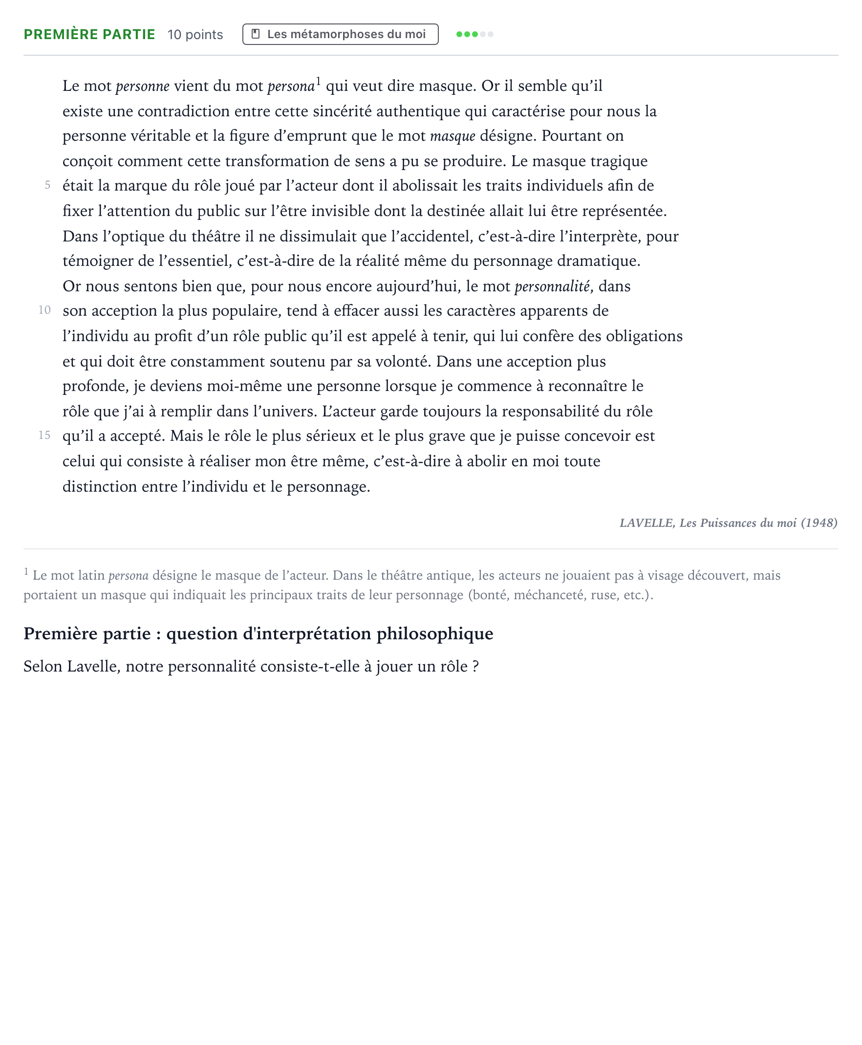 Énoncé: Exercice Première partie · Bac Humanités, Littérature et Philosophie La Réunion 2023 (jour 2)
