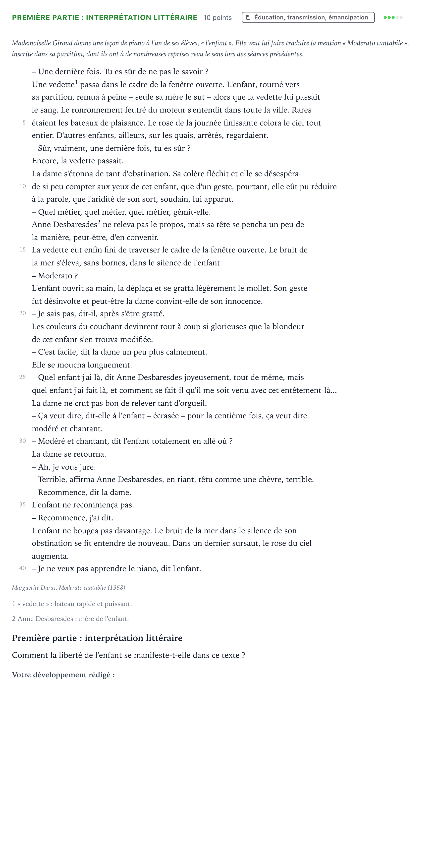 Énoncé: Exercice Première partie : interprétation littéraire · Bac Humanités, Littérature et Philosophie Asie 2024 (jour 1)