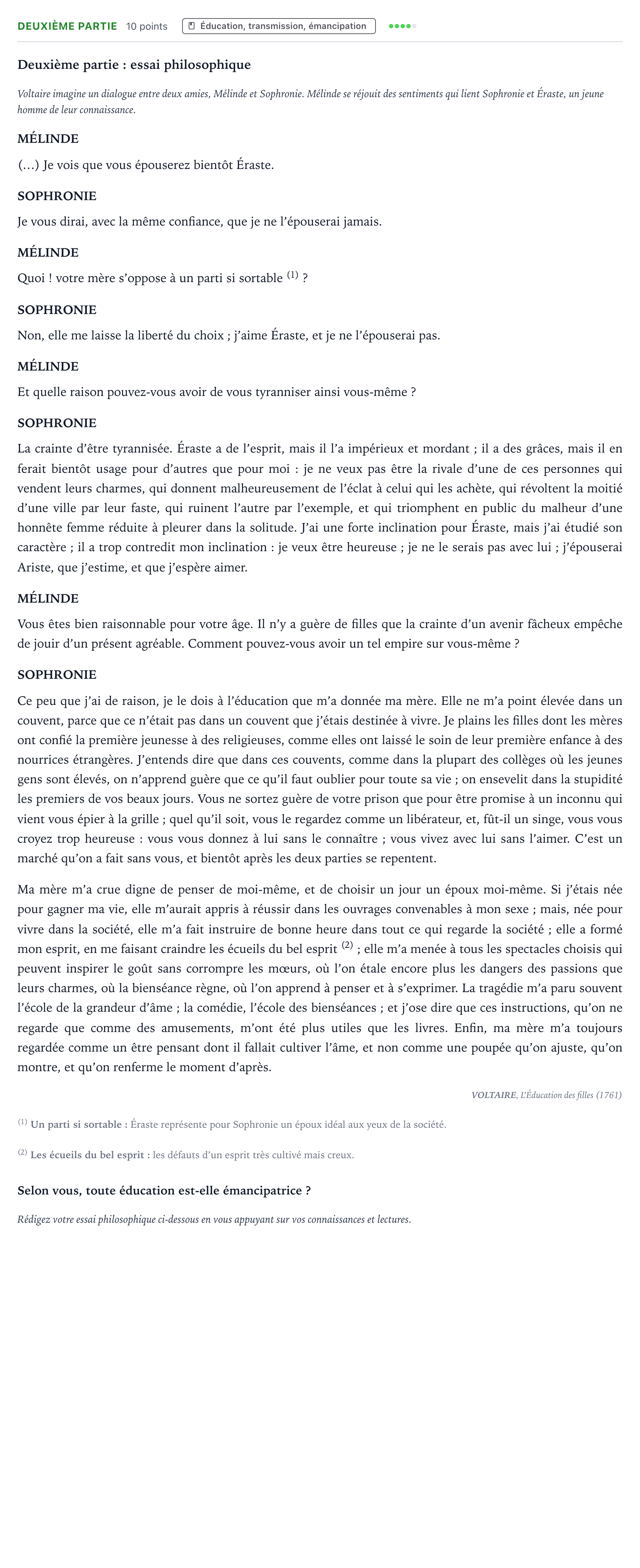 Énoncé: Exercice Deuxième partie · Bac Humanités, Littérature et Philosophie Centres étrangers (Afrique) 2024 (jour 1)