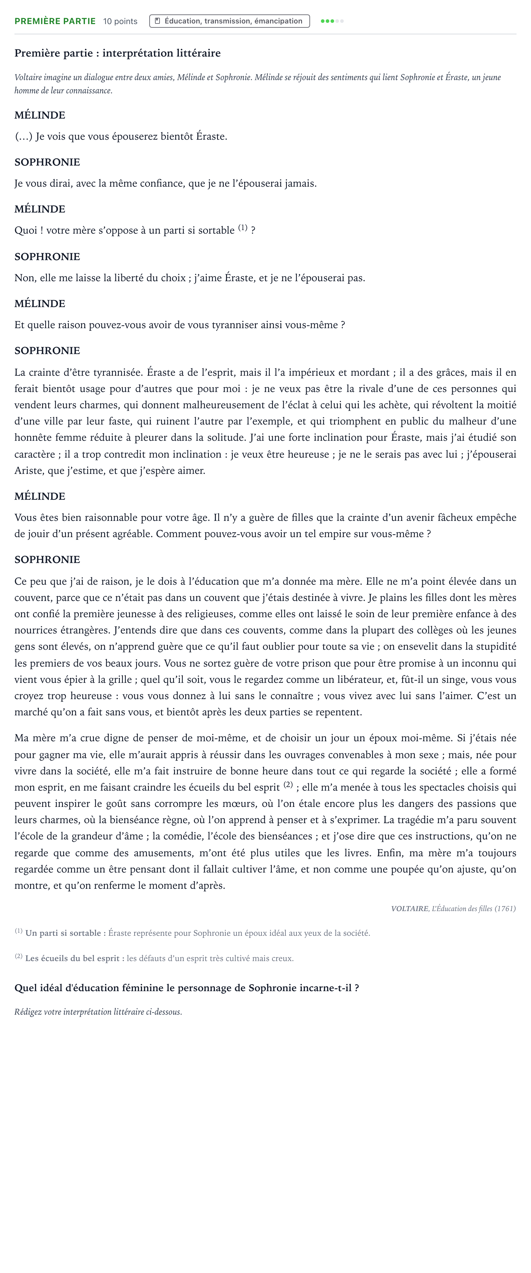 Énoncé: Exercice Première partie · Bac Humanités, Littérature et Philosophie Centres étrangers (Afrique) 2024 (jour 1)