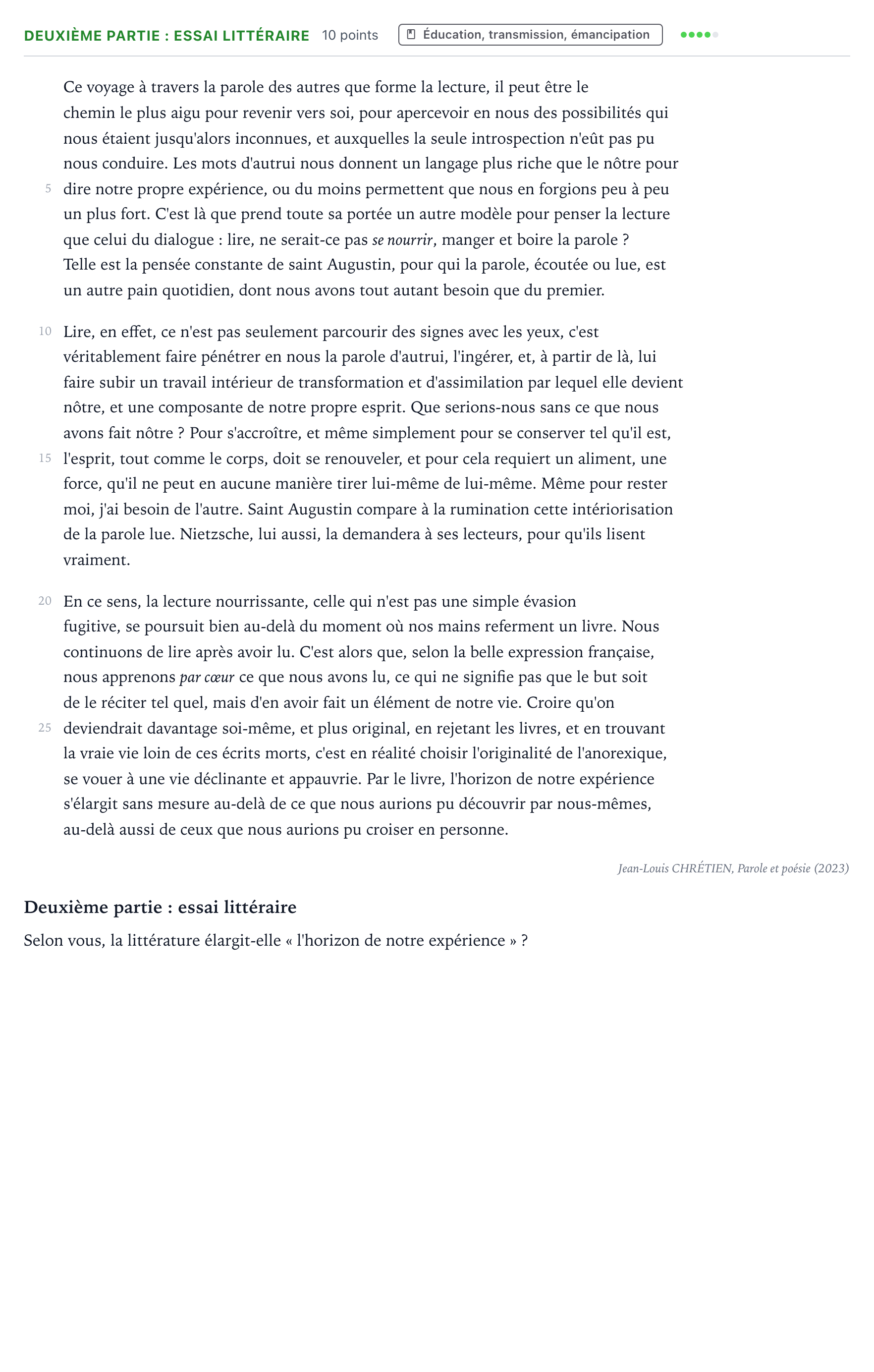 Énoncé: Exercice Deuxième partie : essai littéraire · Bac Humanités, Littérature et Philosophie Centres étrangers (Afrique) 2024 (jour 2)