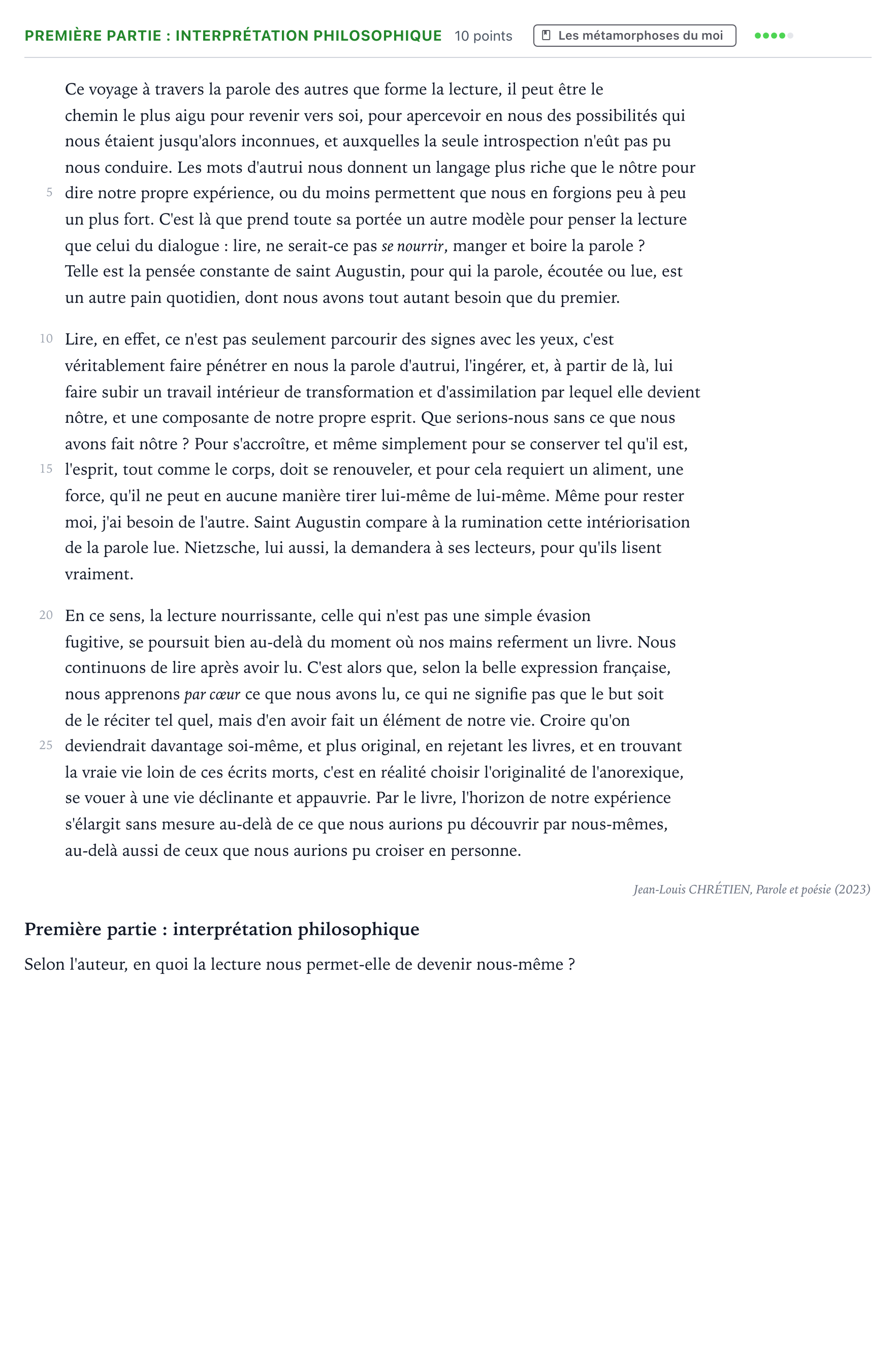 Énoncé: Exercice Première partie : interprétation philosophique · Bac Humanités, Littérature et Philosophie Centres étrangers (Afrique) 2024 (jour 2)