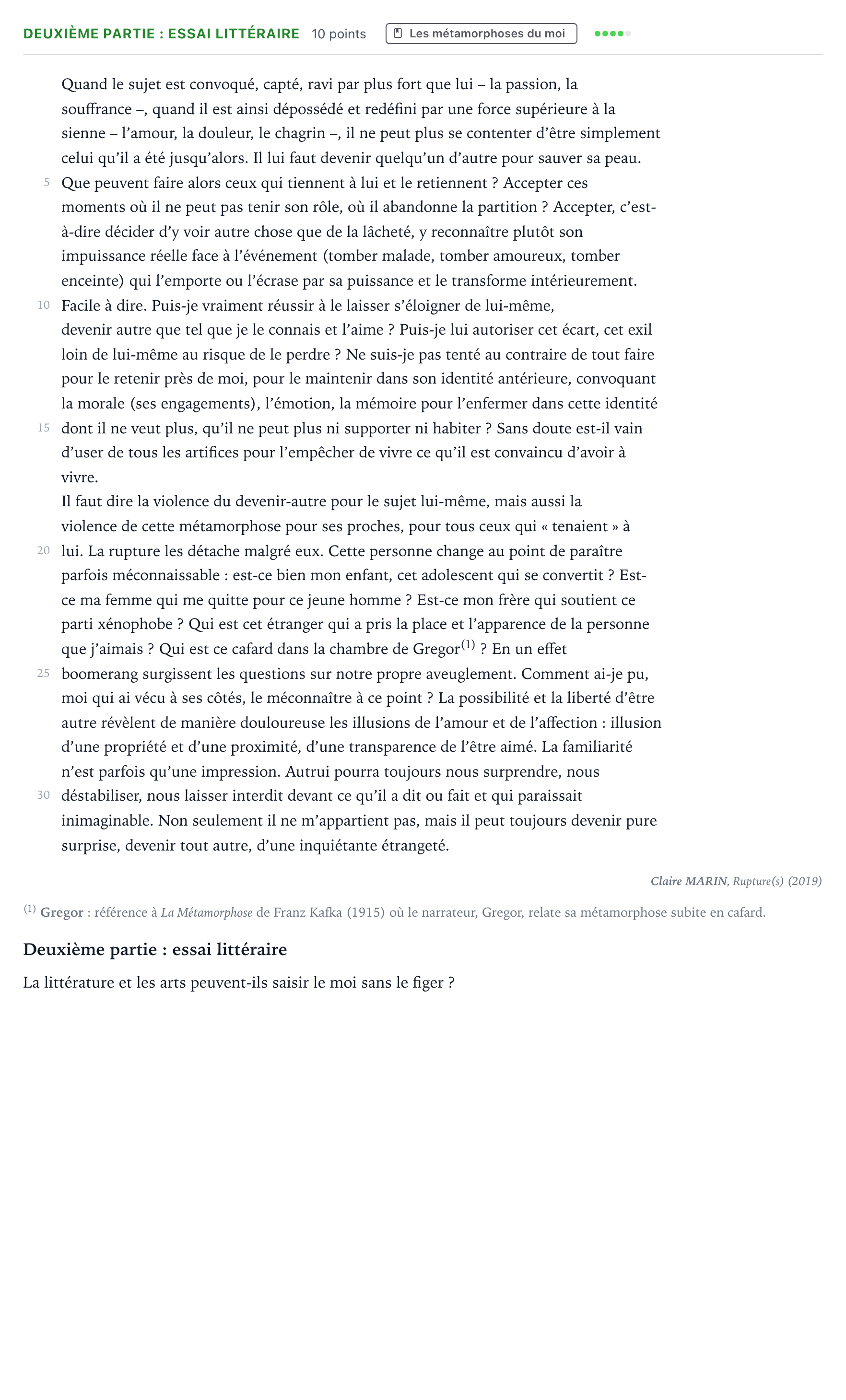 Énoncé: Exercice Deuxième partie : essai littéraire · Bac Humanités, Littérature et Philosophie Amérique du Nord 2025 (jour 1)