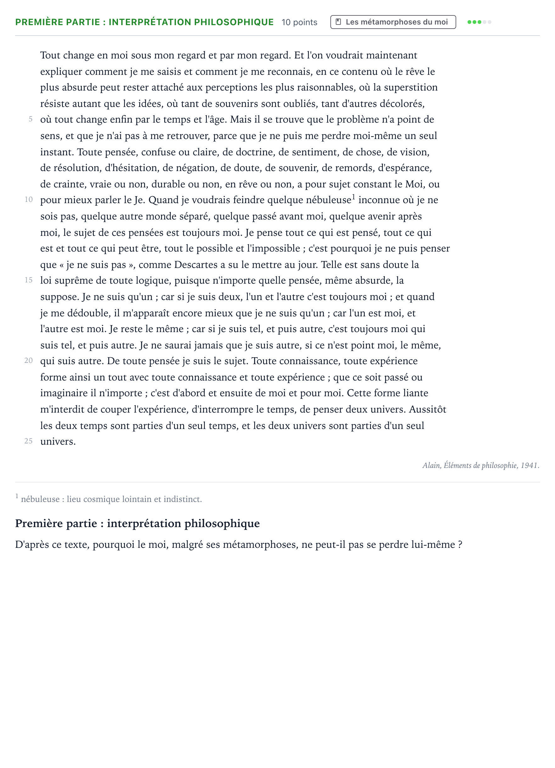 Énoncé: Exercice Première partie : interprétation philosophique · Bac Humanités, Littérature et Philosophie Amérique du Nord 2025 (jour 2 bis)