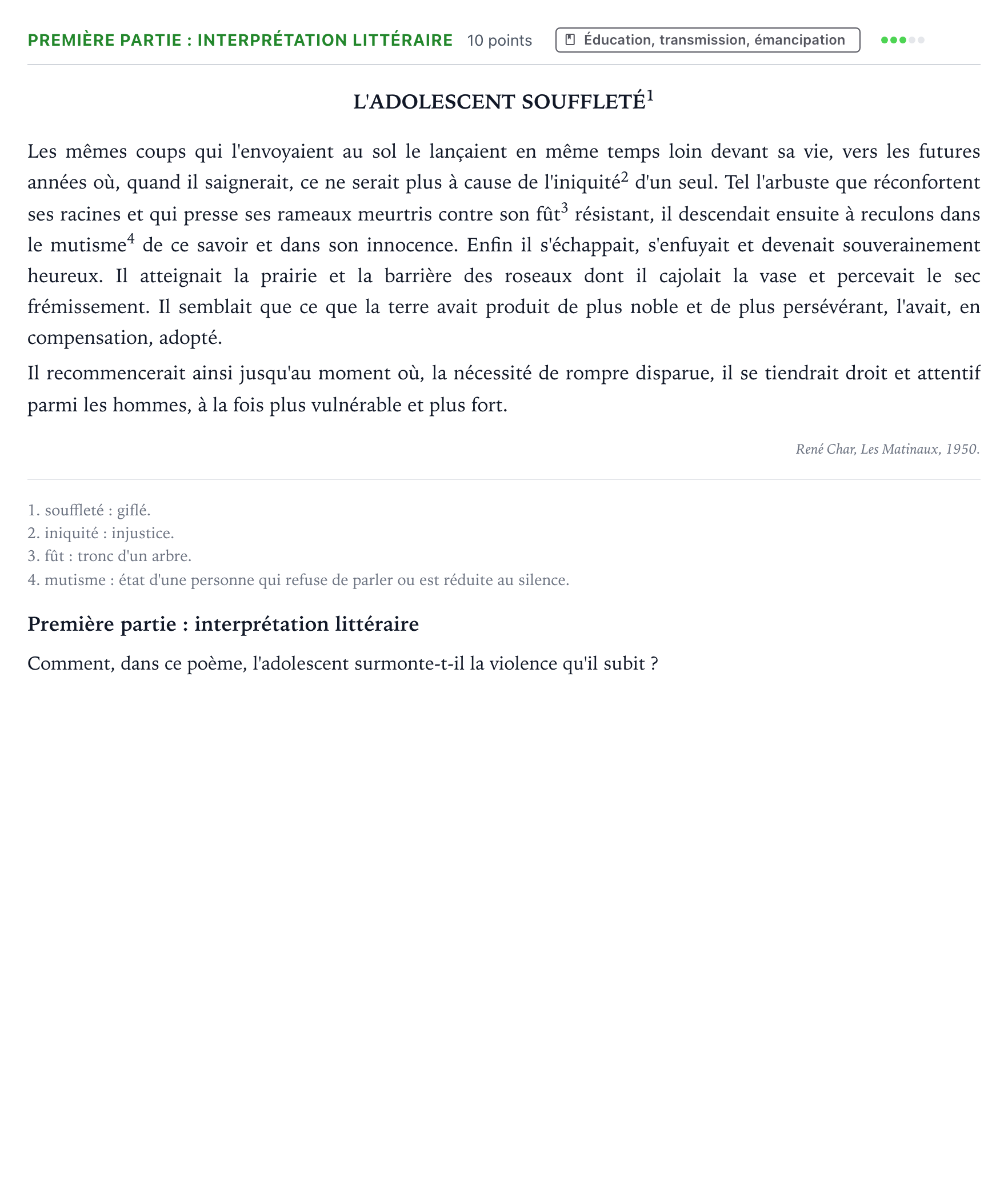Énoncé: Exercice Première partie : interprétation littéraire · Bac Humanités, Littérature et Philosophie Asie 2025 (jour 1)