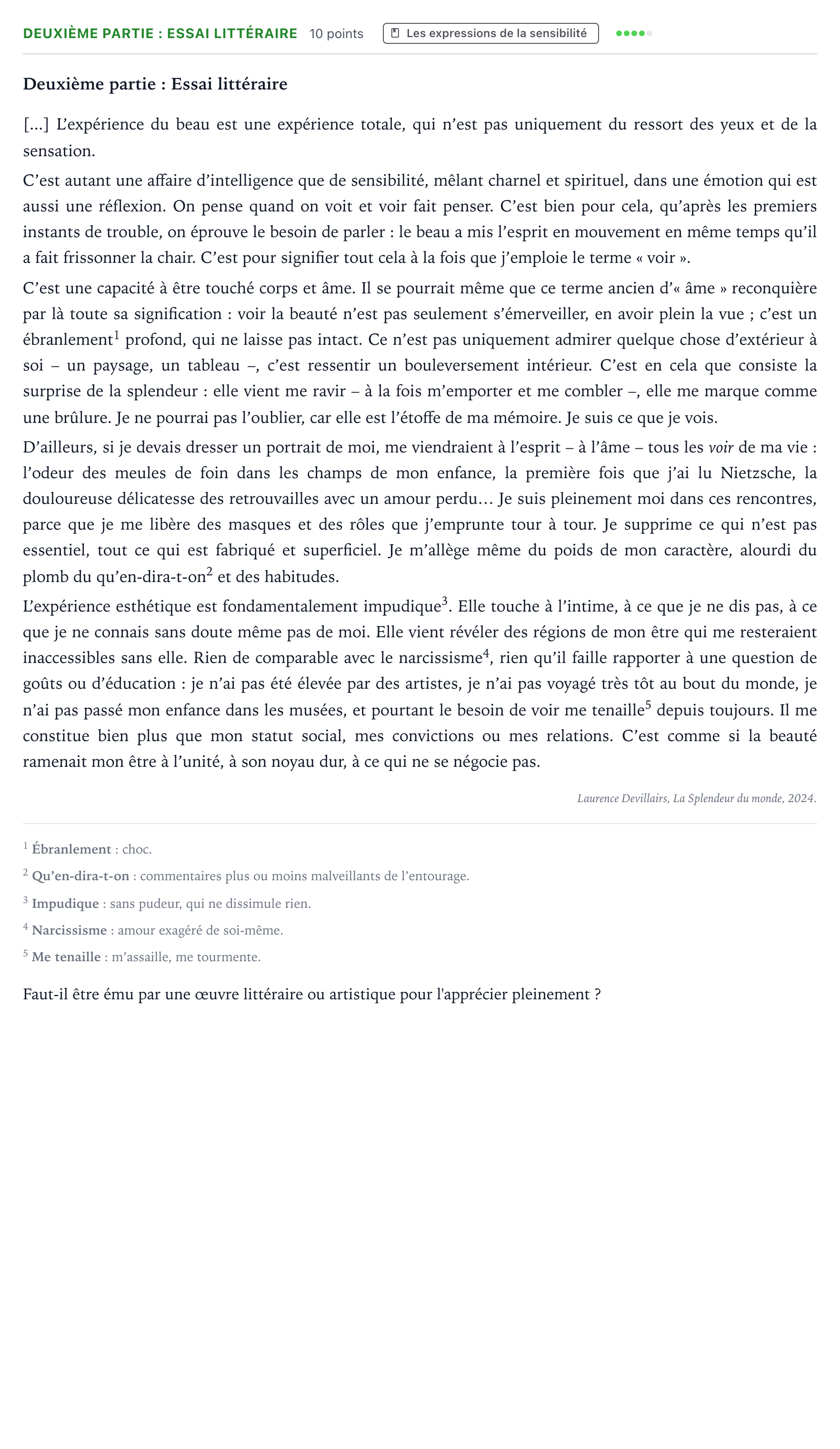 Énoncé: Exercice Deuxième partie : Essai littéraire · Bac Humanités, Littérature et Philosophie Amérique du Nord 2026 (jour 1)