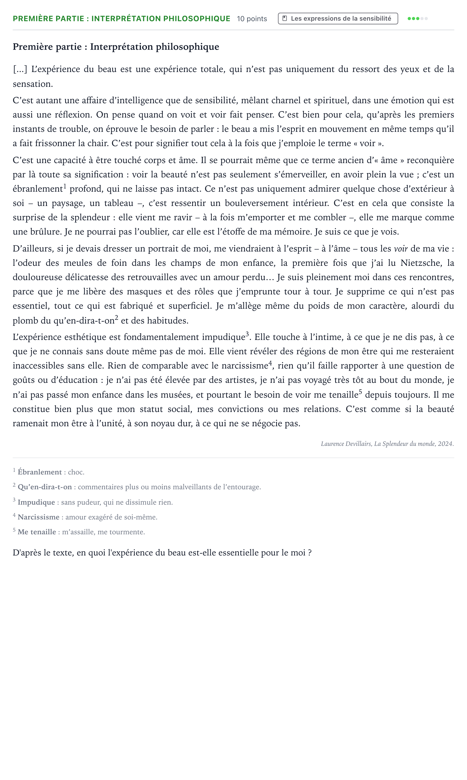Énoncé: Exercice Première partie : Interprétation philosophique · Bac Humanités, Littérature et Philosophie Amérique du Nord 2026 (jour 1)