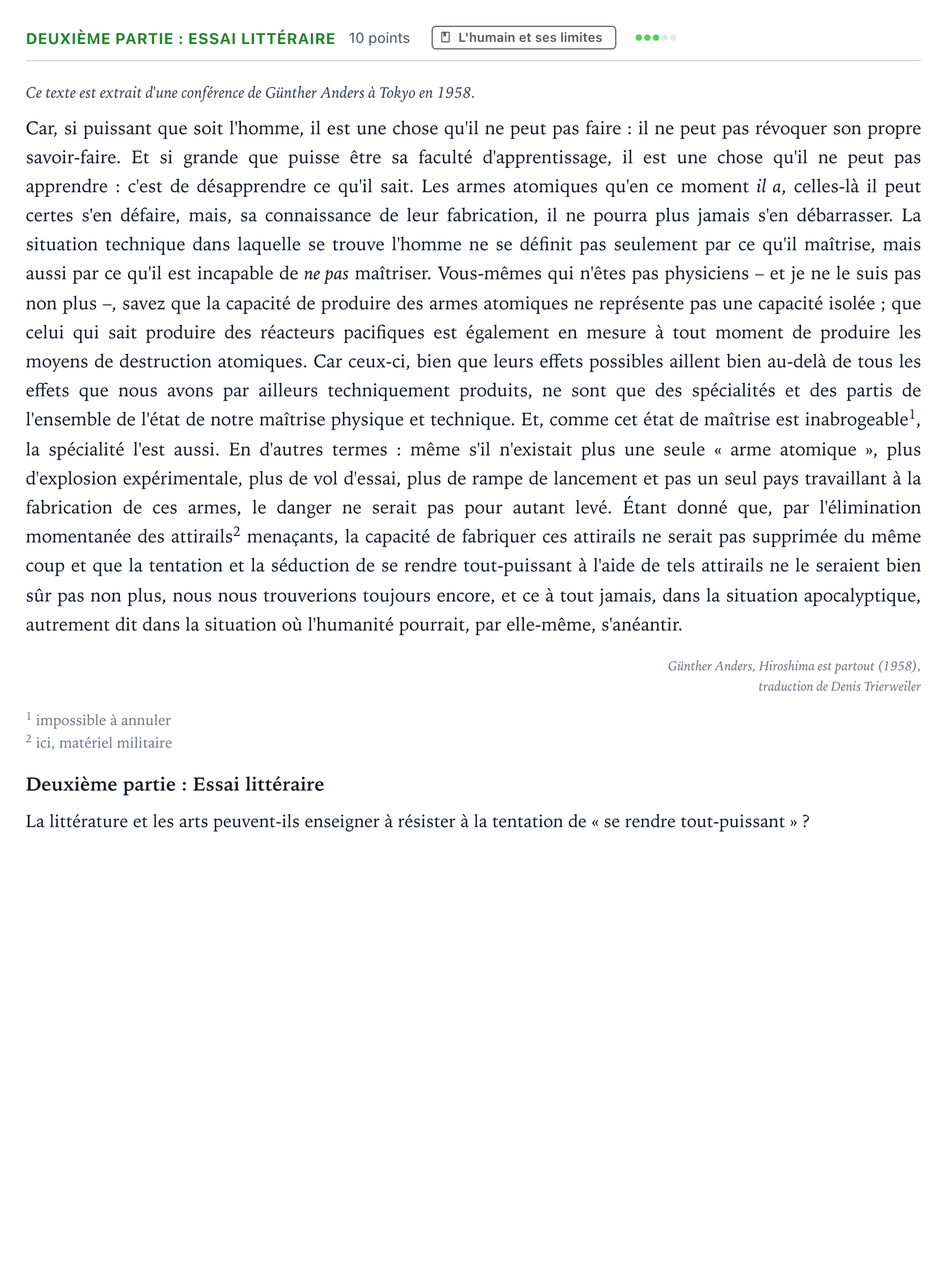 Énoncé: Exercice Deuxième partie : Essai littéraire · Bac Humanités, Littérature et Philosophie Polynésie 2026 (jour 2)