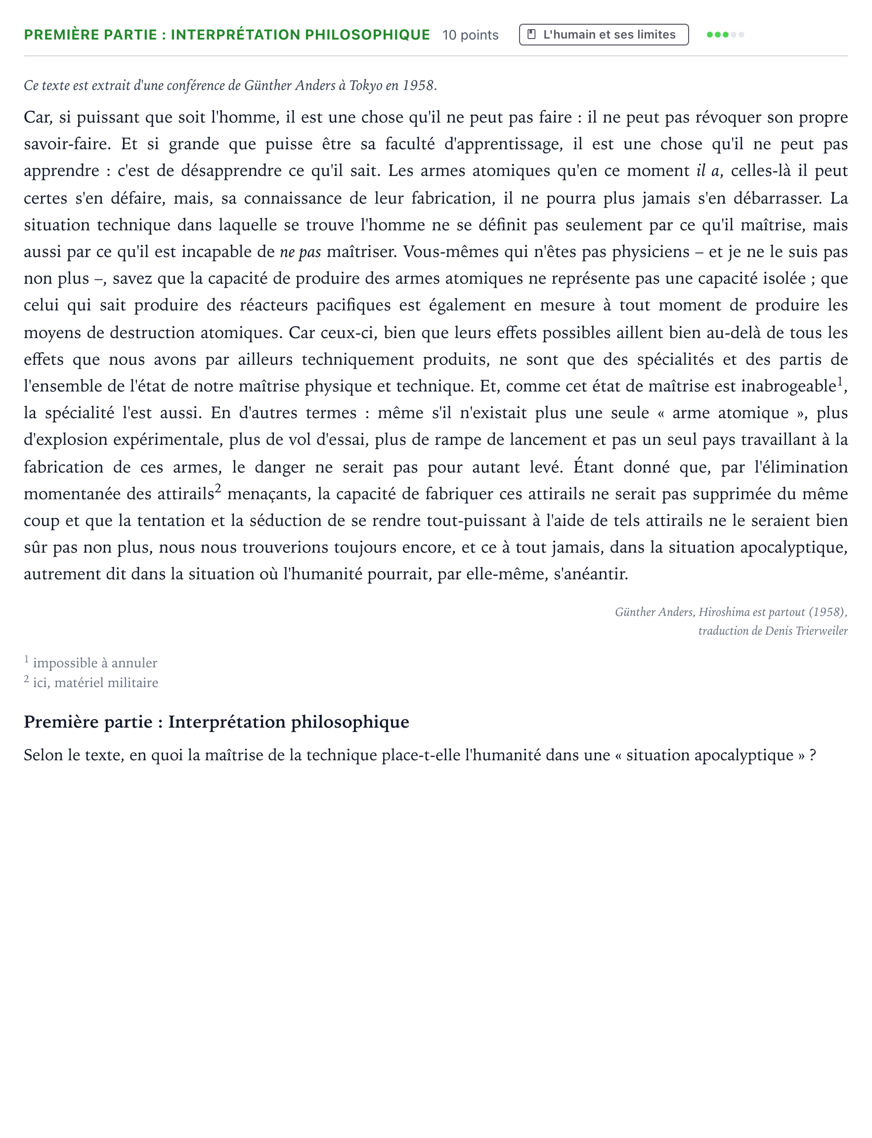 Énoncé: Exercice Première partie : Interprétation philosophique · Bac Humanités, Littérature et Philosophie Polynésie 2026 (jour 2)