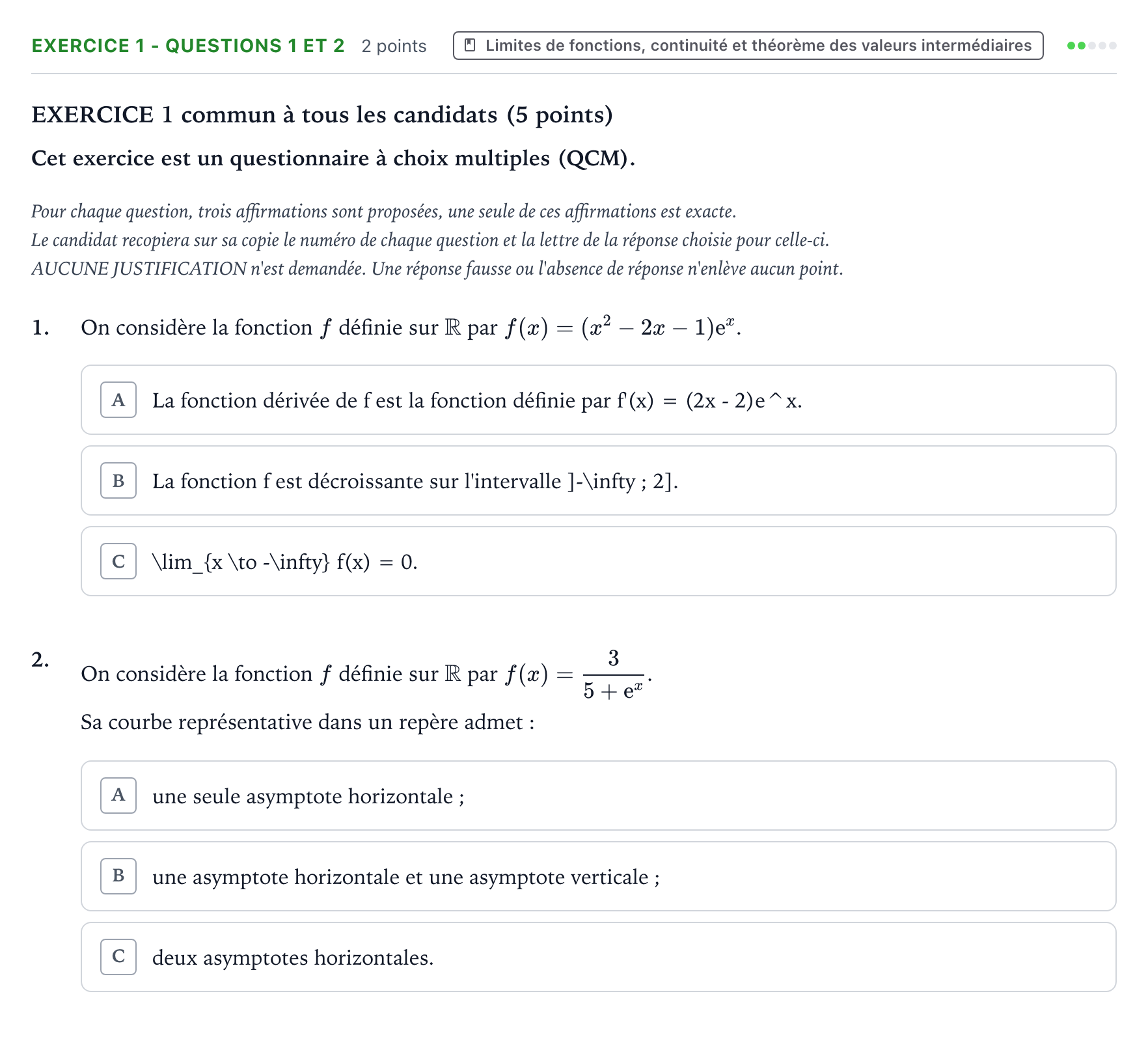 Énoncé: Exercice 1 - Questions 1 et 2 · Bac Mathématiques Asie 2021 (jour 2)