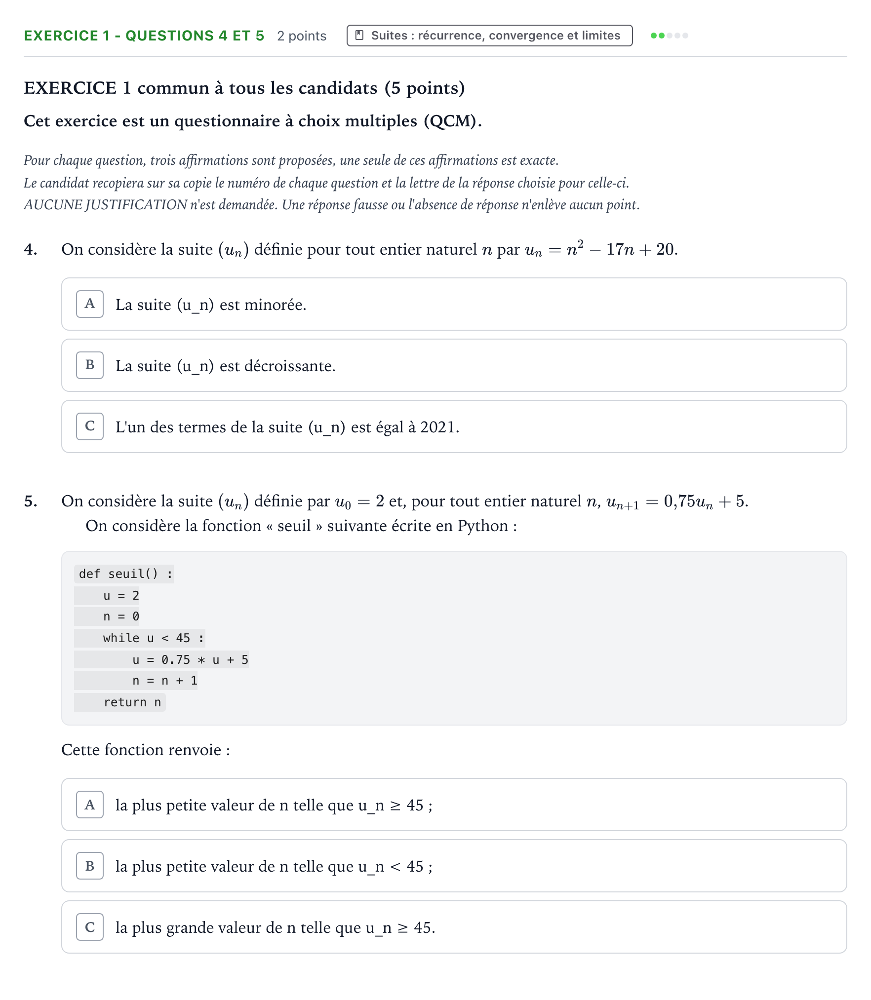 Énoncé: Exercice 1 - Questions 4 et 5 · Bac Mathématiques Asie 2021 (jour 2)