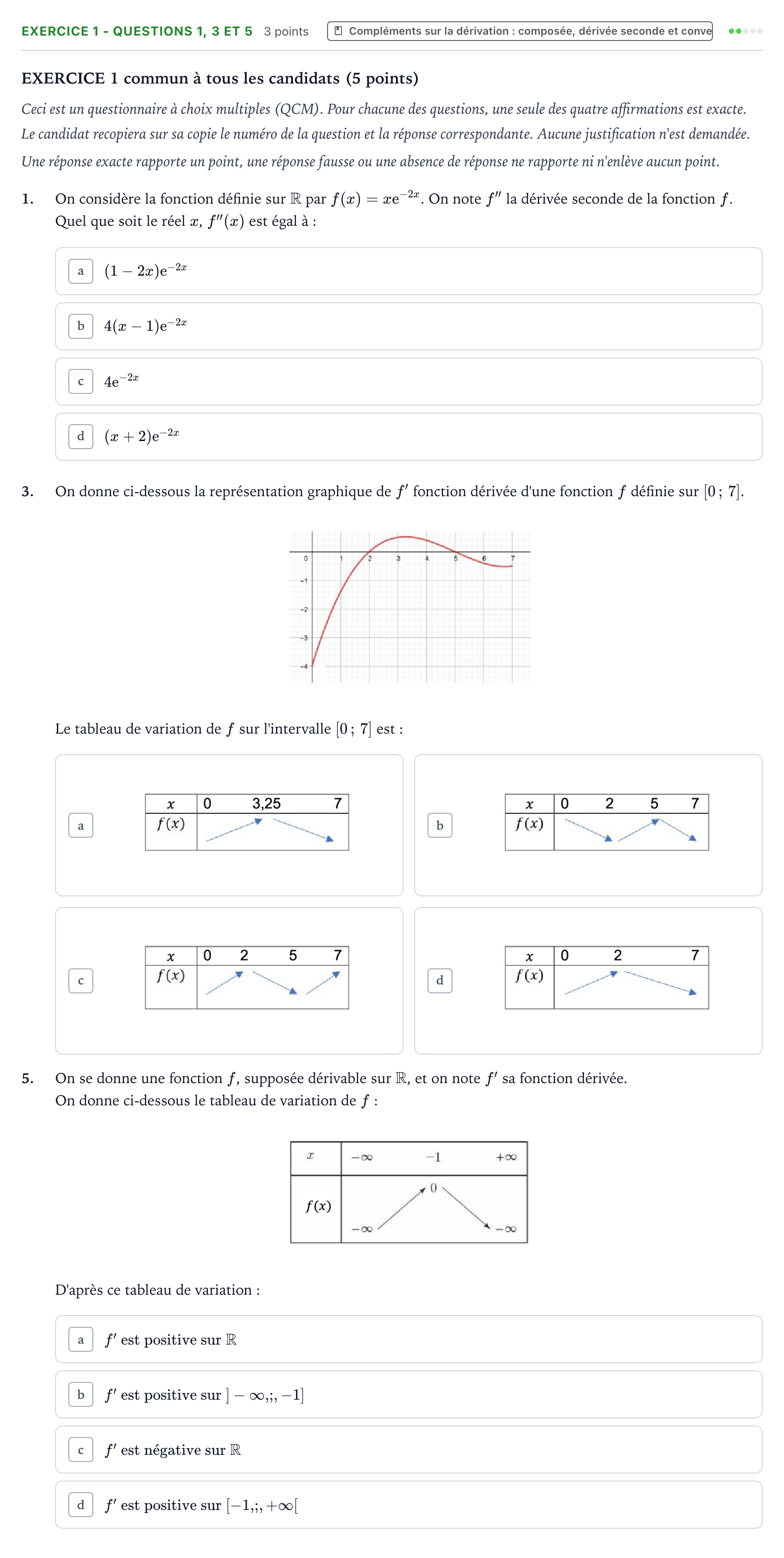 Énoncé: Exercice 1 - Questions 1, 3 et 5 · Bac Mathématiques Centres étrangers (Afrique) 2021 (jour 1)