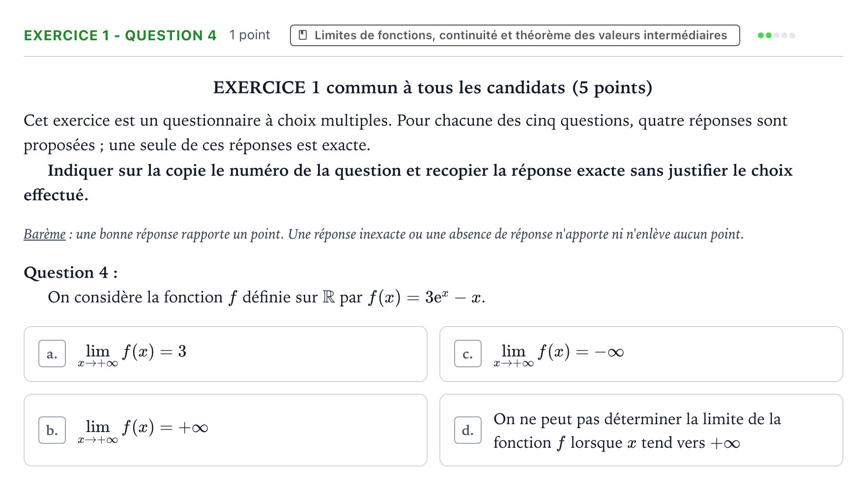 Énoncé: Exercice 1 - Question 4 · Bac Mathématiques Centres étrangers (Afrique) 2021 (jour 2)