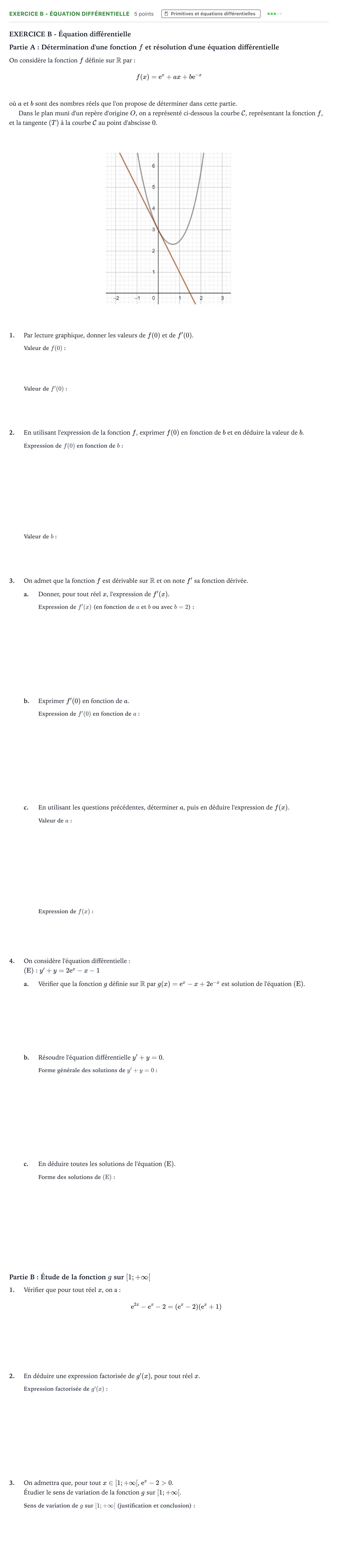 Énoncé: Exercice B - Équation différentielle · Bac Mathématiques Centres étrangers (Afrique) 2021 (jour 2)