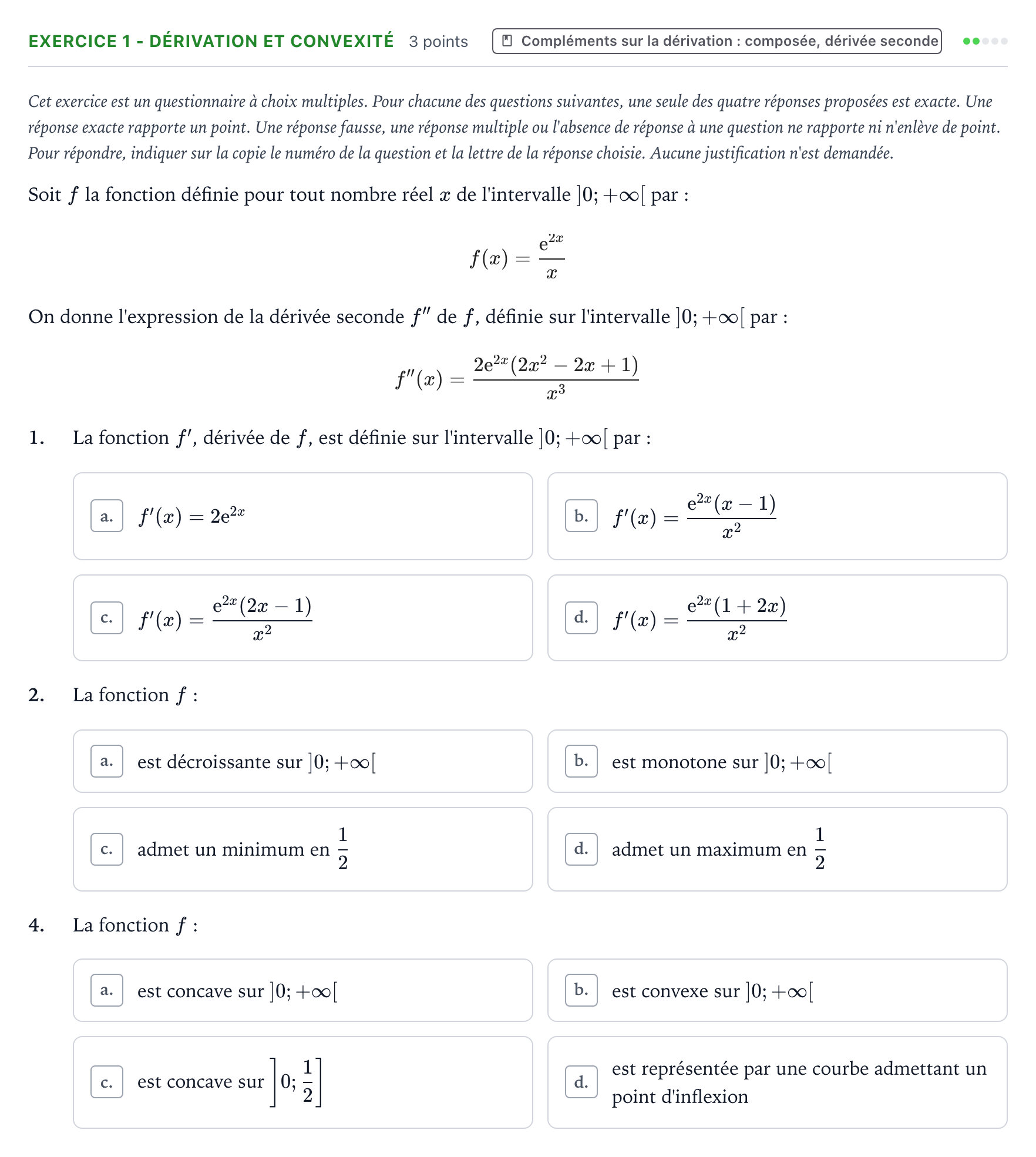 Énoncé: Exercice 1 - Dérivation et convexité · Bac Mathématiques Métropole Candidat libre 2021 (sujet 1)