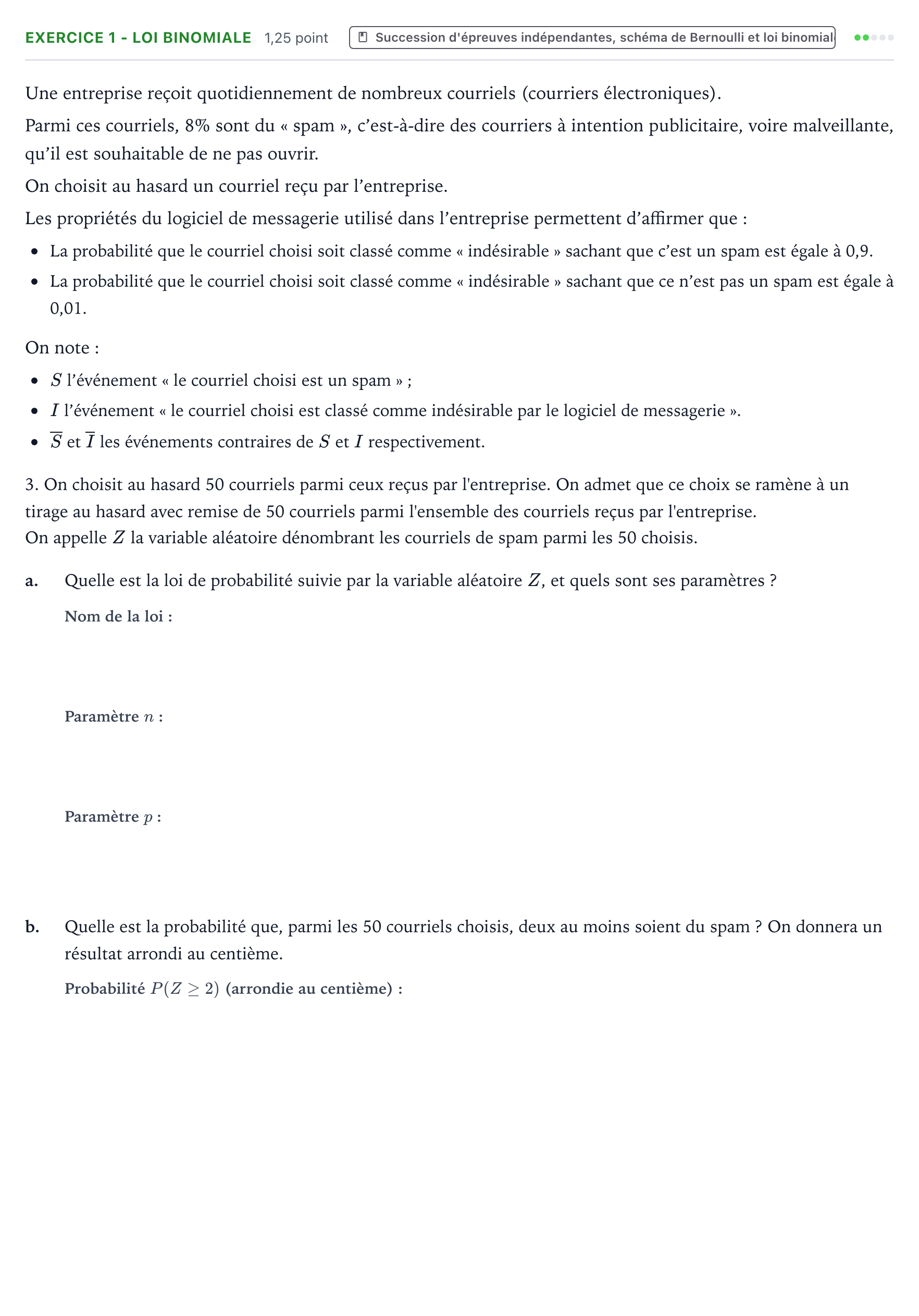 Énoncé: Exercice 1 - Loi binomiale · Bac Mathématiques Métropole 2 remplacement 2021