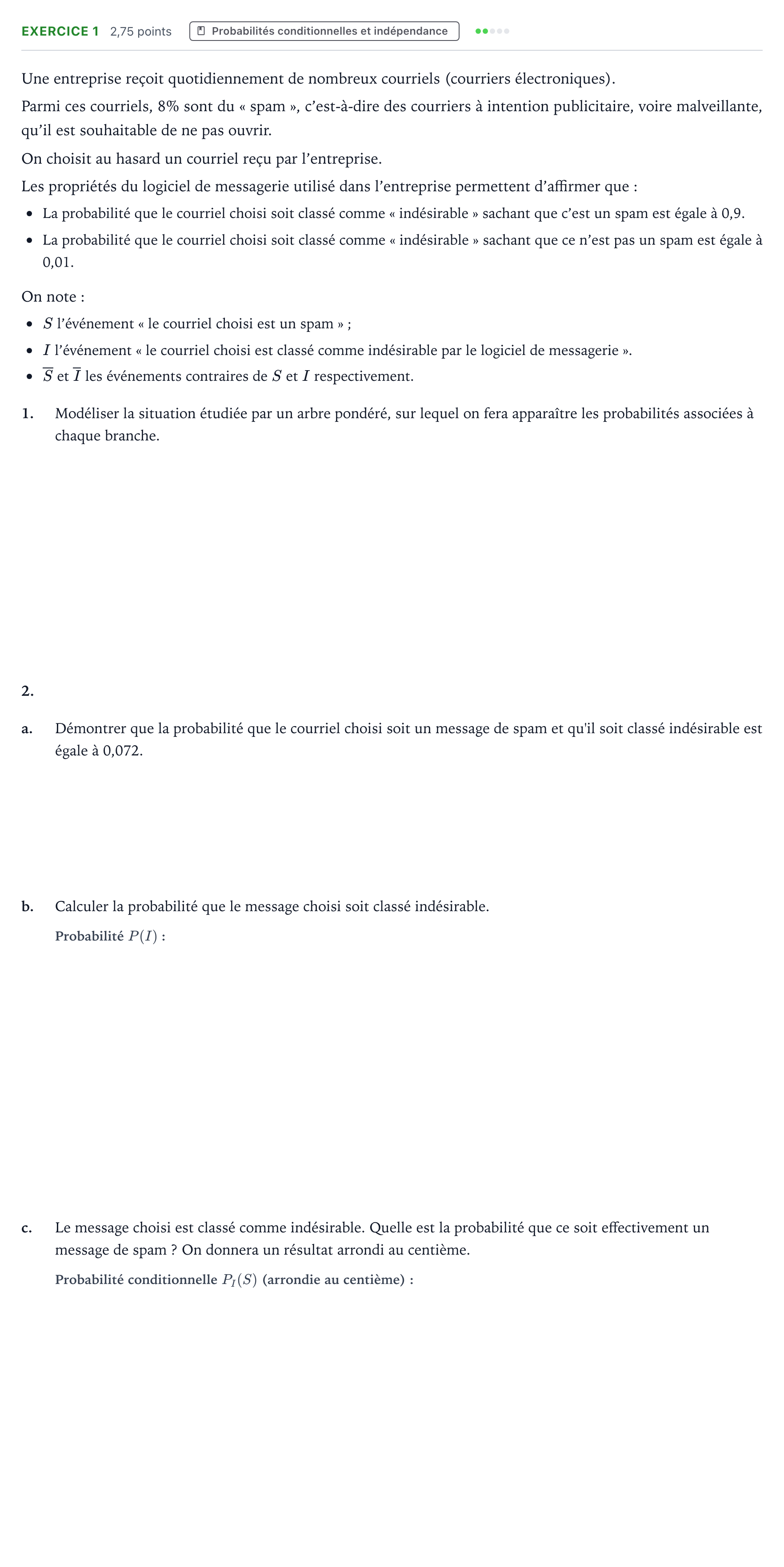 Énoncé: Exercice 1 - Probabilités conditionnelles · Bac Mathématiques Métropole 2 remplacement 2021
