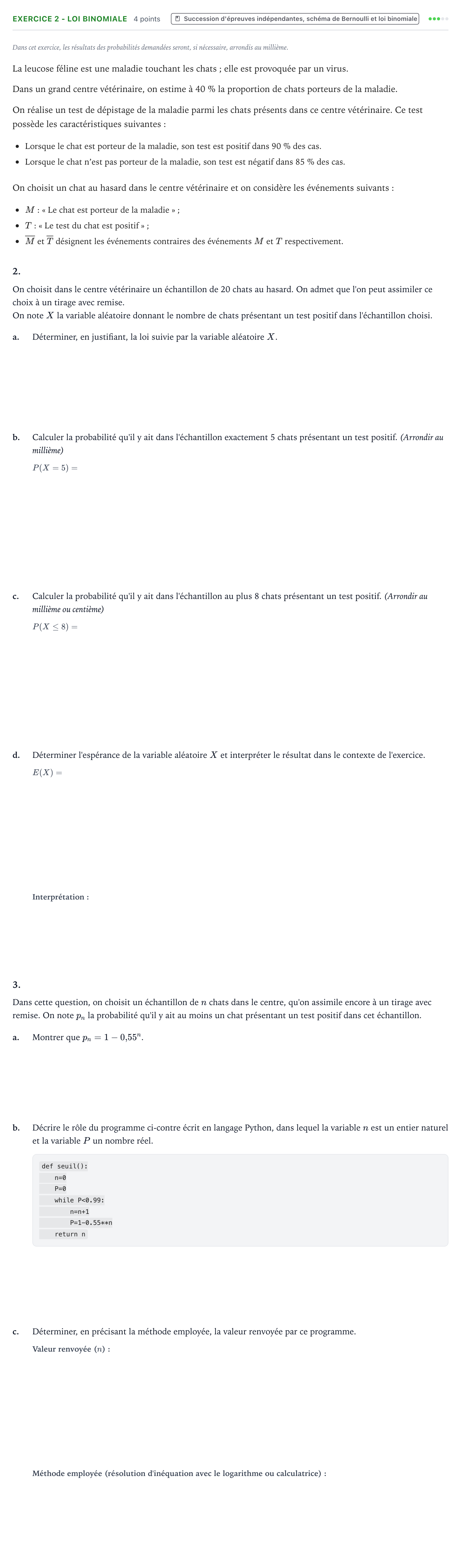 Énoncé: Exercice 2 - Loi binomiale · Bac Mathématiques Métropole Candidat libre 2021 (sujet 2)